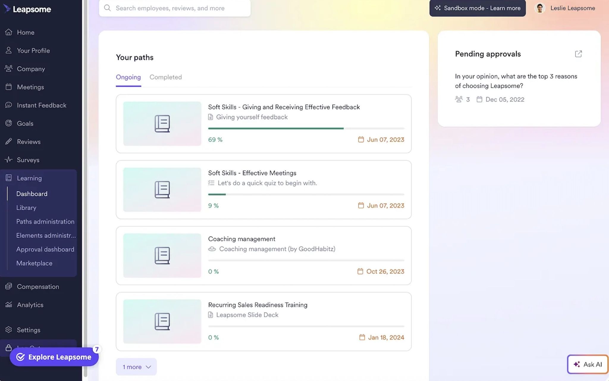 A Leapsome dashboard with learning paths, featuring a list of ongoing soft skills courses.