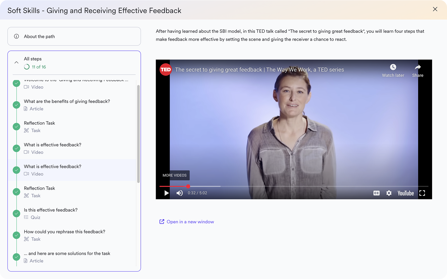A video onboarding course about giving and receiving effective feedback with a sidebar displaying course progress.