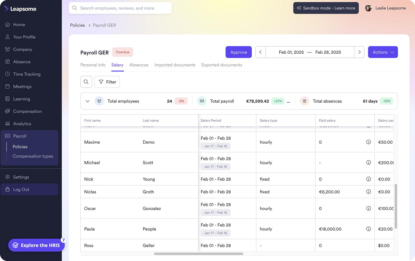 A screenshot of Leapsome’s Payroll summary feature.