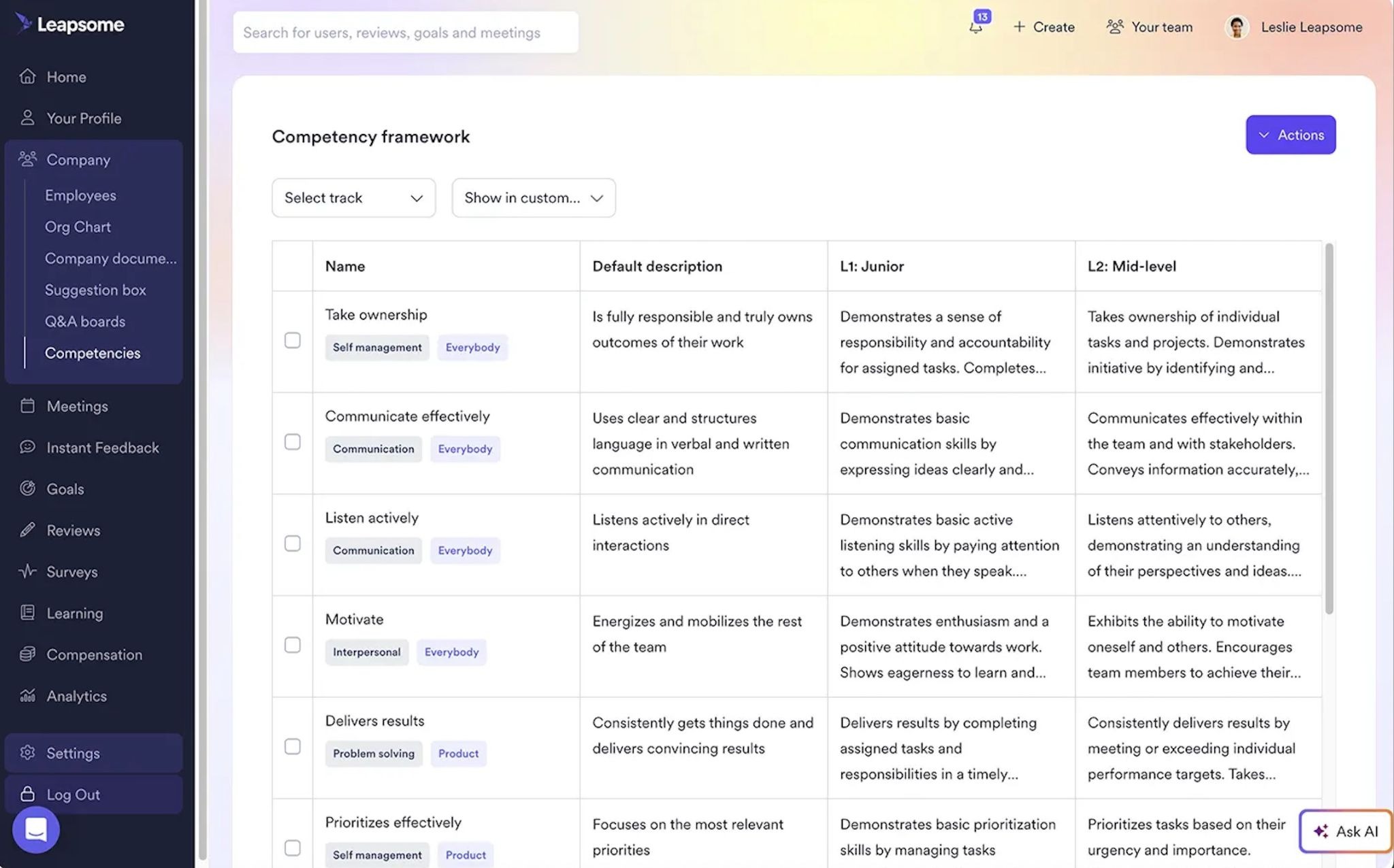 Leapsome’s Competencies dashboard, showing a grid listing skills and descriptions. 