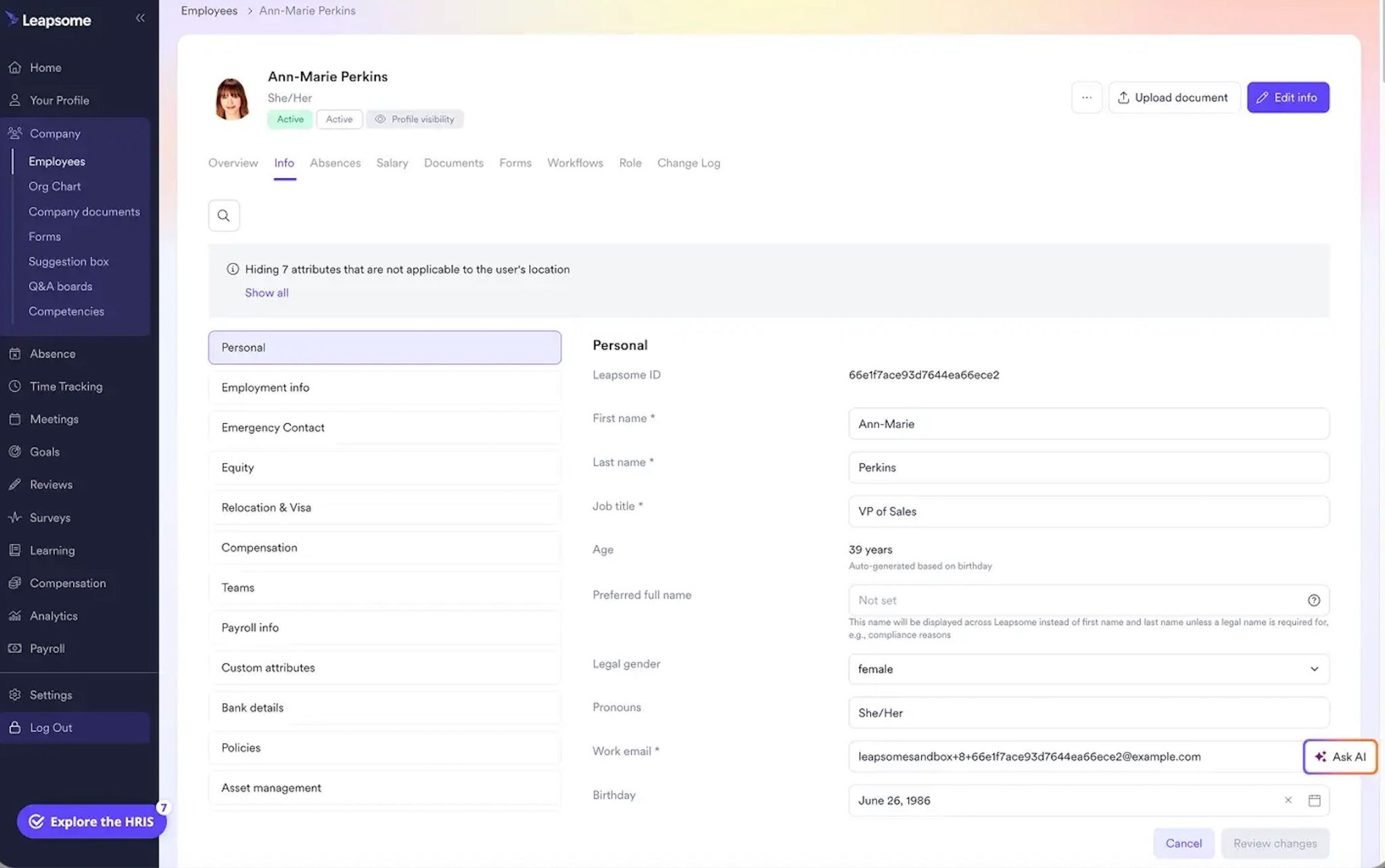 A Leapsome dashboard, displaying the personal (fabricated) details for one employee.