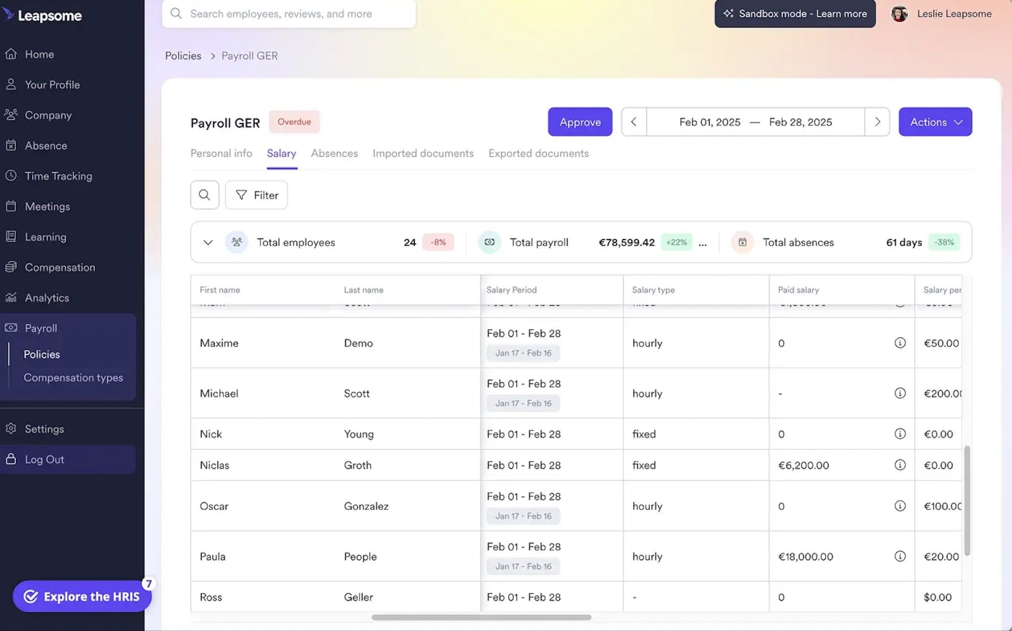 A Leapsome payroll dashboard, with a list of German employees and their salary details.