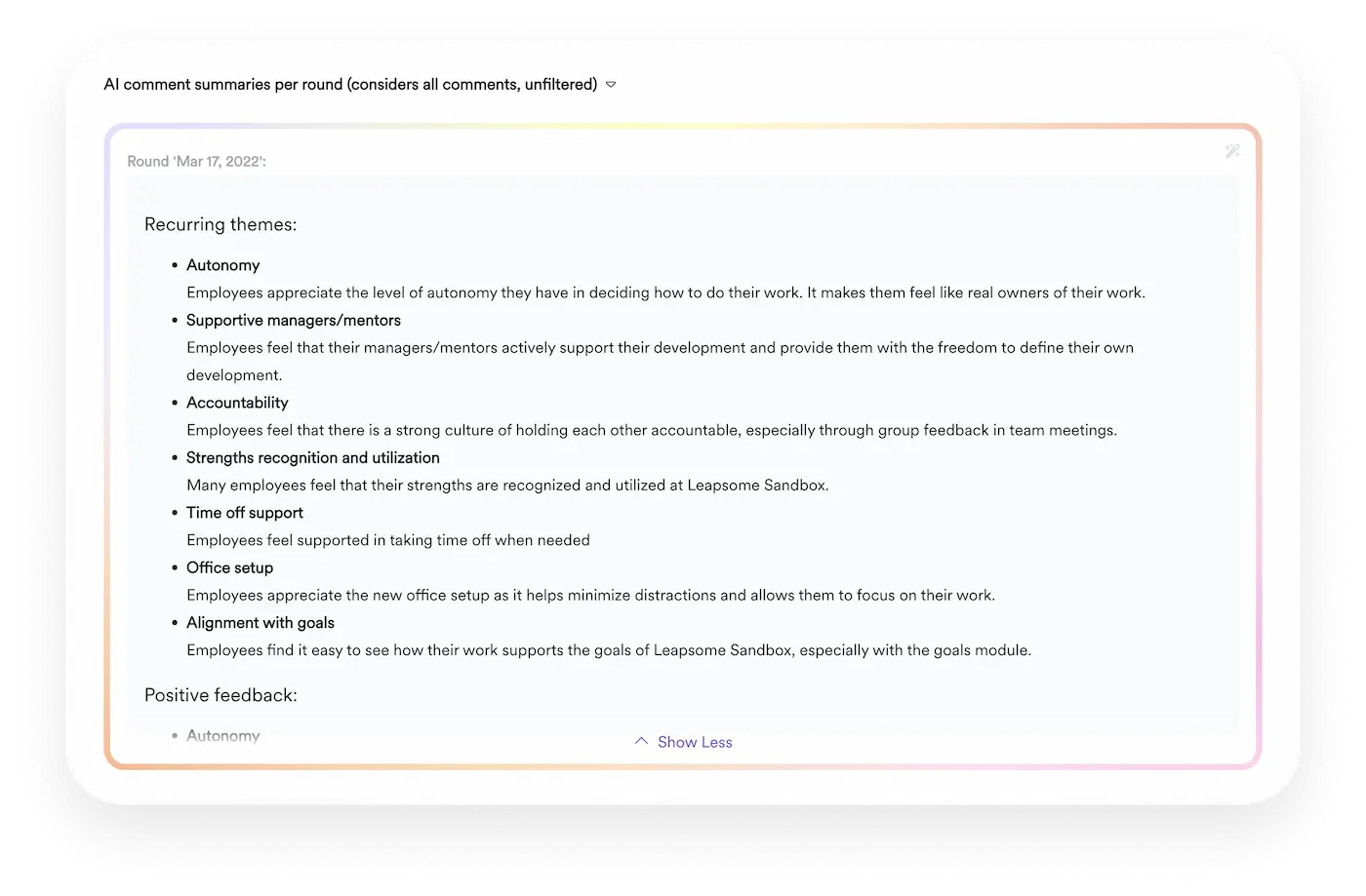 An AI comment summary, highlighting recurring themes and positive feedback.