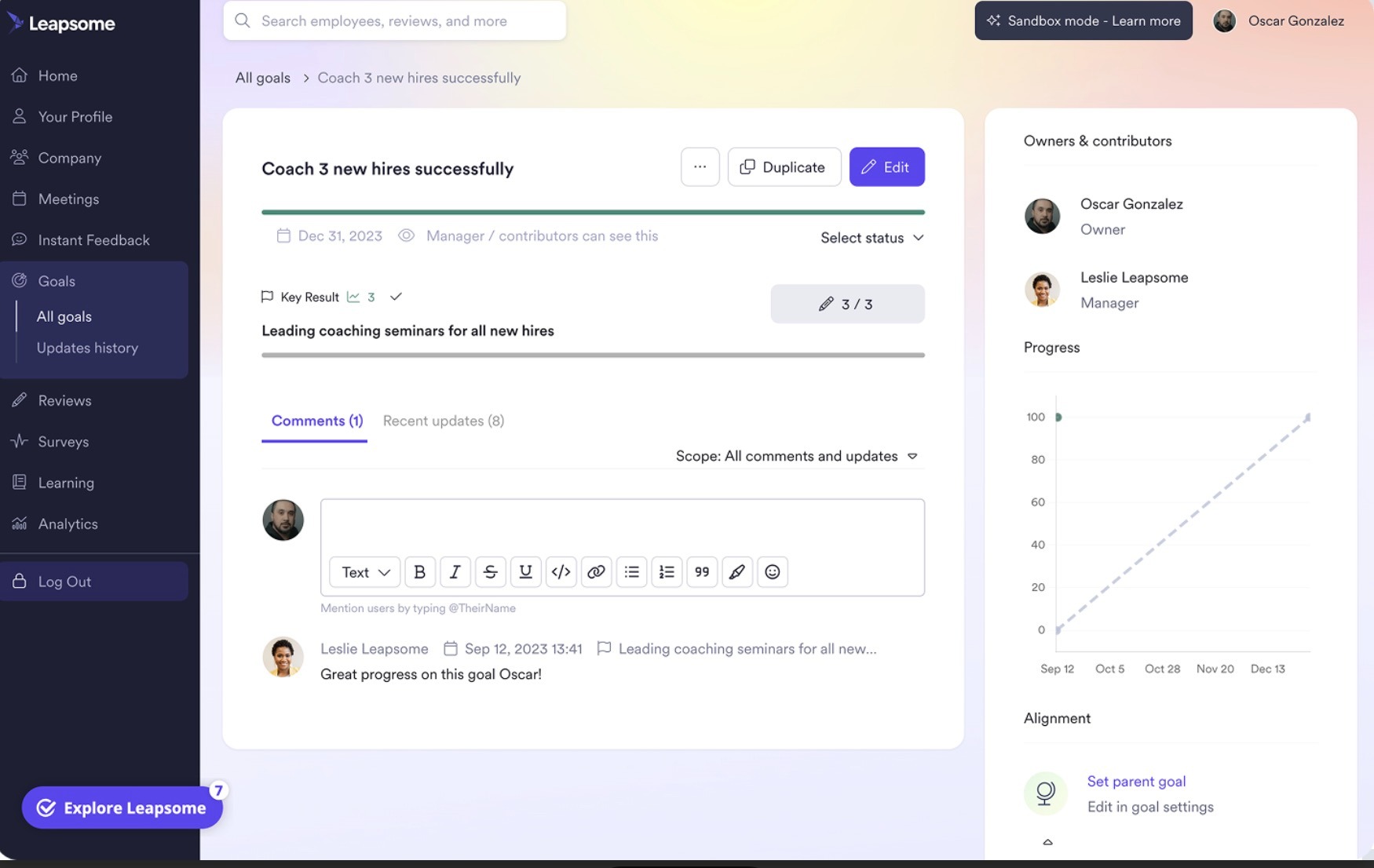 A Leapsome dashboard, showing a goal to successfully coach three new hires and a comment from management.
