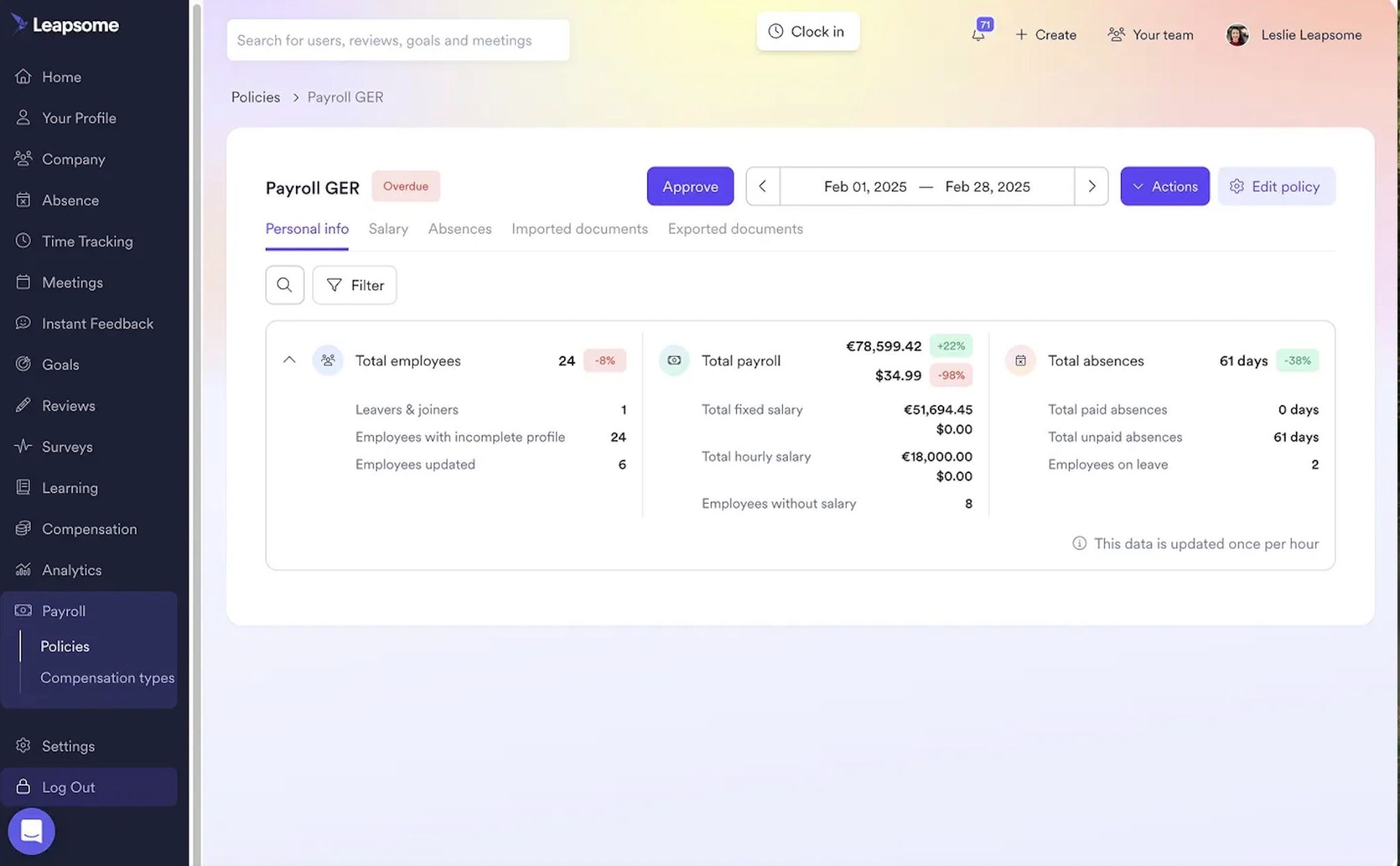 A payroll policies page in Leapsome, showing the total employees, payroll, and absences for a German team.