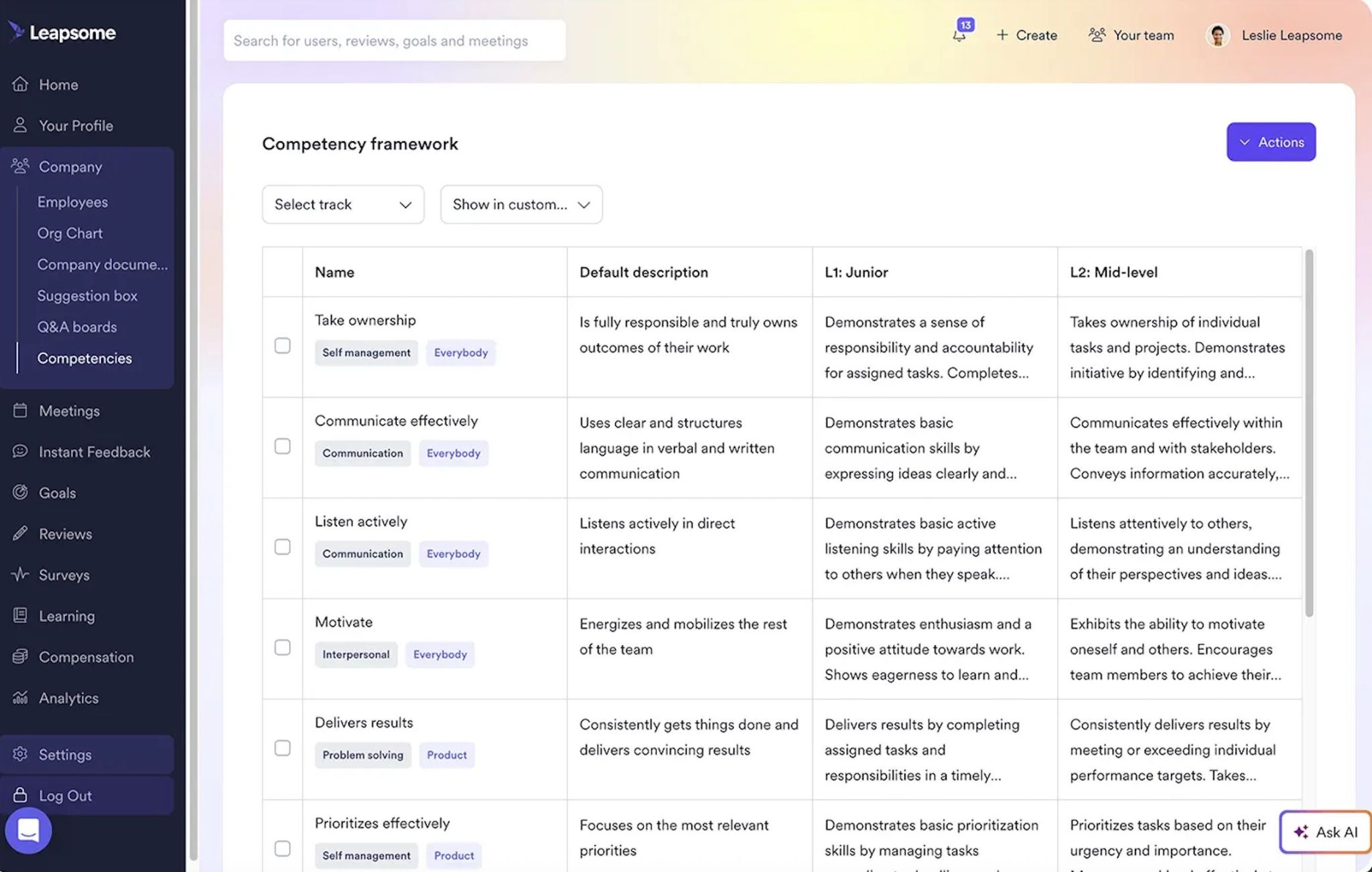 A competency framework in Leapsome, with a list of core skills and descriptions for different job levels.