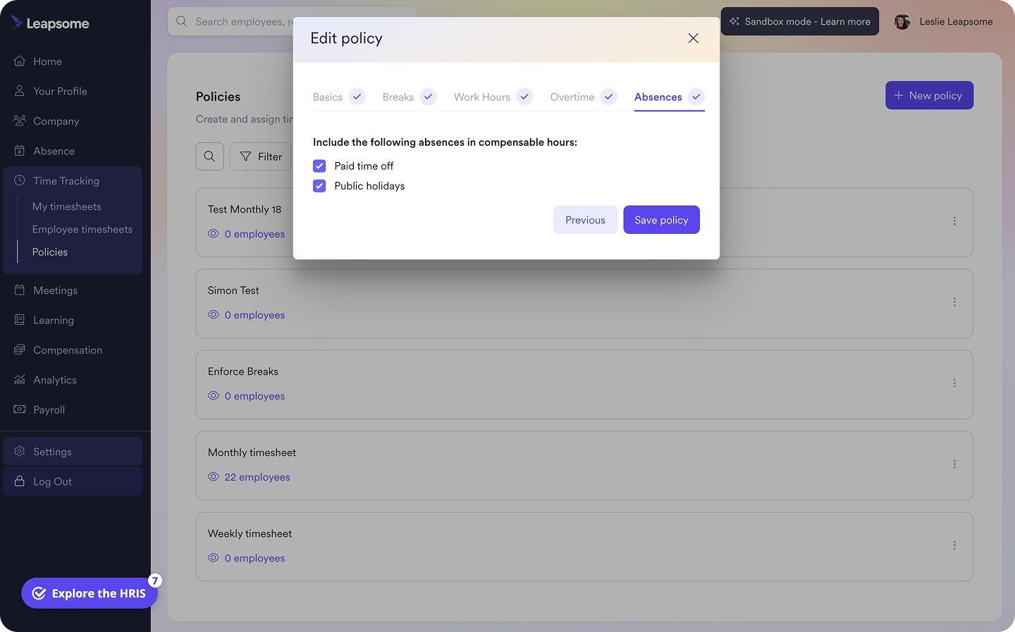 Leapsome’s Absence Management screen, showing an “Edit policy” window with absence settings for paid time off and public holidays.