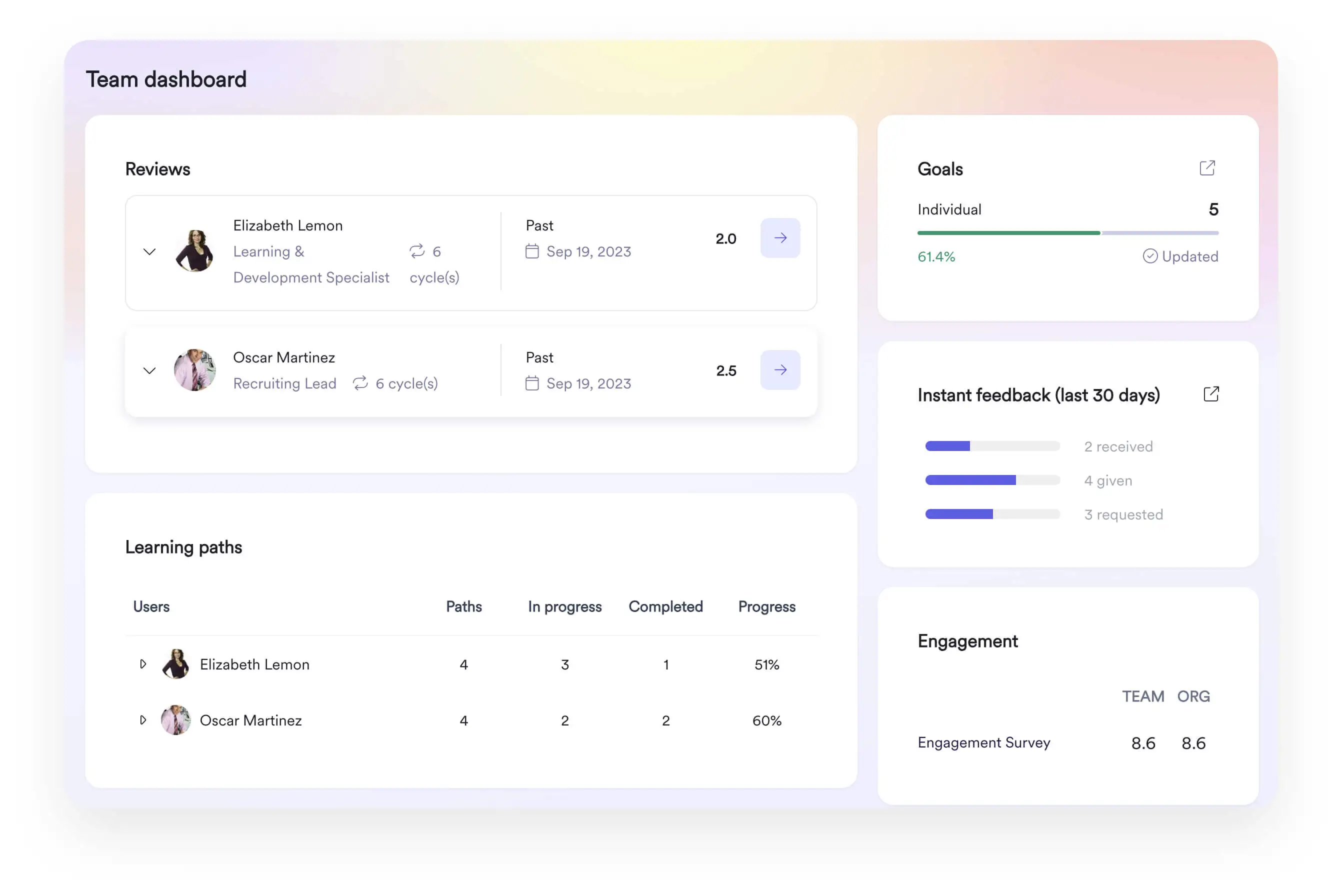 Screenshot eines Leapsome-Team-Dashboards mit Reviews, Lernpfaden, Zielen, Instant Feedback und Engagement-Features.