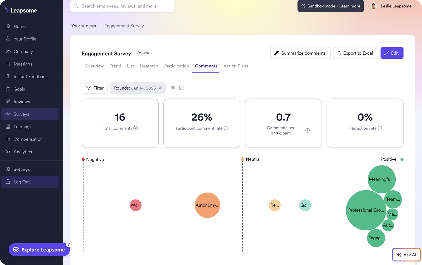 Der Kommentar-Tab von Leapsomes Engagement-Survey-Dashboard mit Kennzahlen wie Gesamtkommentaren und Interaktionsrate.