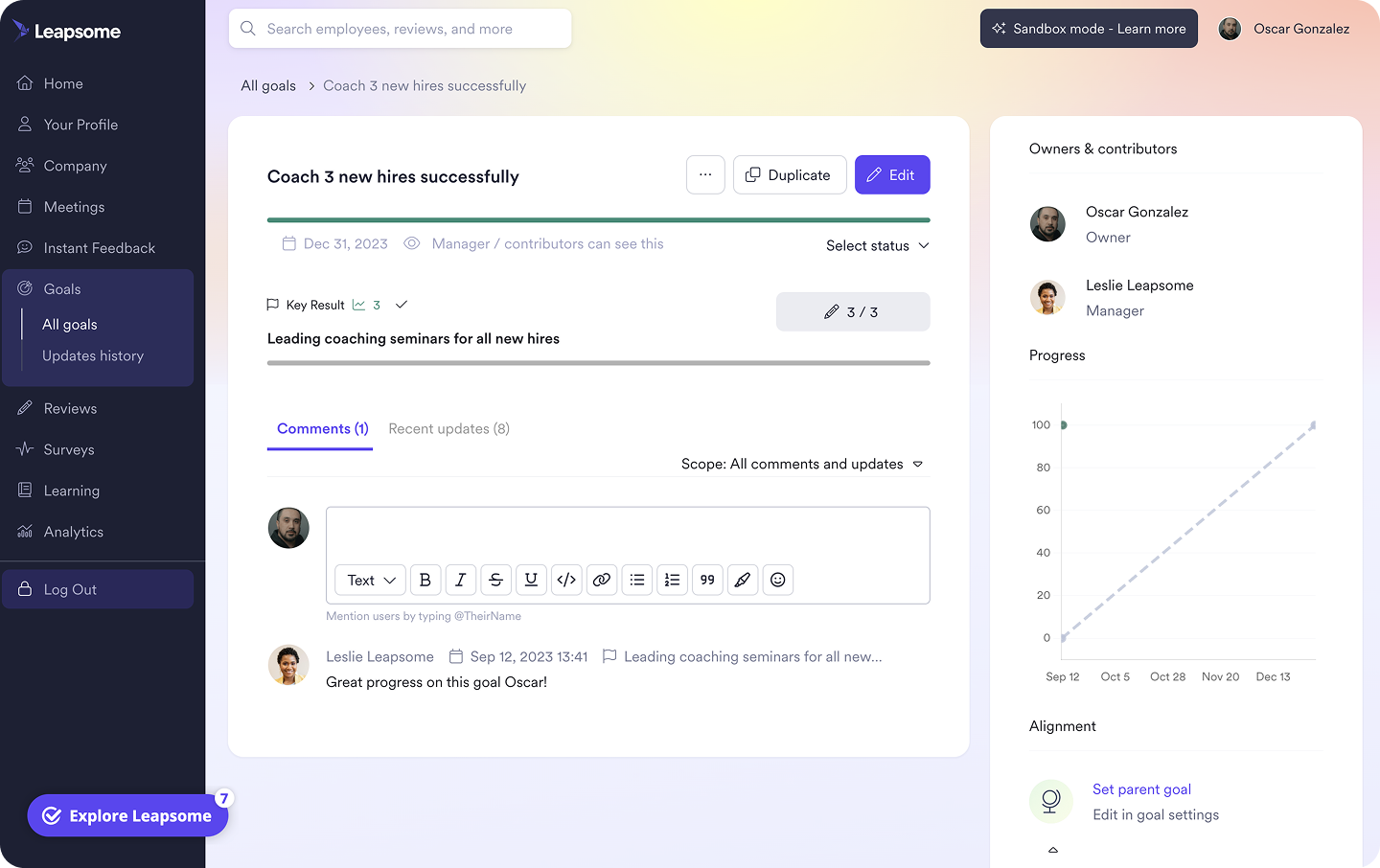 A screenshot of Leapsome Goals being used to create OKRs.
