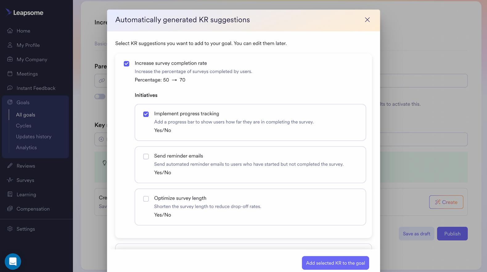 Leapsome AI: automatisch generierte Vorschläge für Key Results und Initiativen wie höhere Teilnahmequote bei Umfragen, Fortschritts-Tracking, Erinnerungs-E-Mails oder kürzere Umfragen im Workflow für Goals und OKRs.