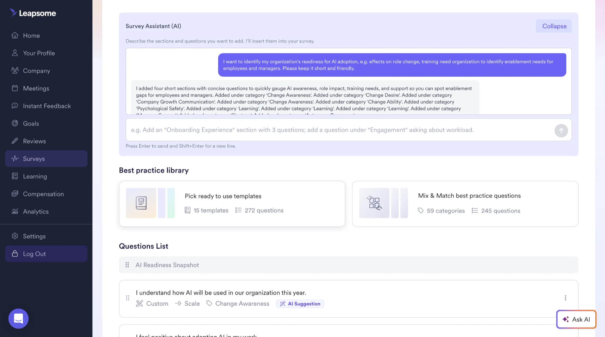 Screenshot des Leapsome Survey Assistant mit AI-generierten Vorschlägen für eine AI Readiness Umfrage: Sektionen, Frage-Beispiele und Best-Practice-Vorlagen.