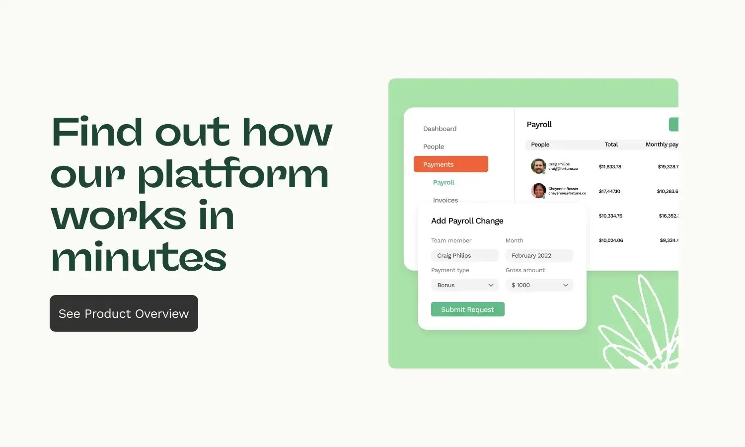 A banner reading “Find out how our platform works in minutes” with a “See Product Overview” button below and a screenshot of a payroll dashboard.