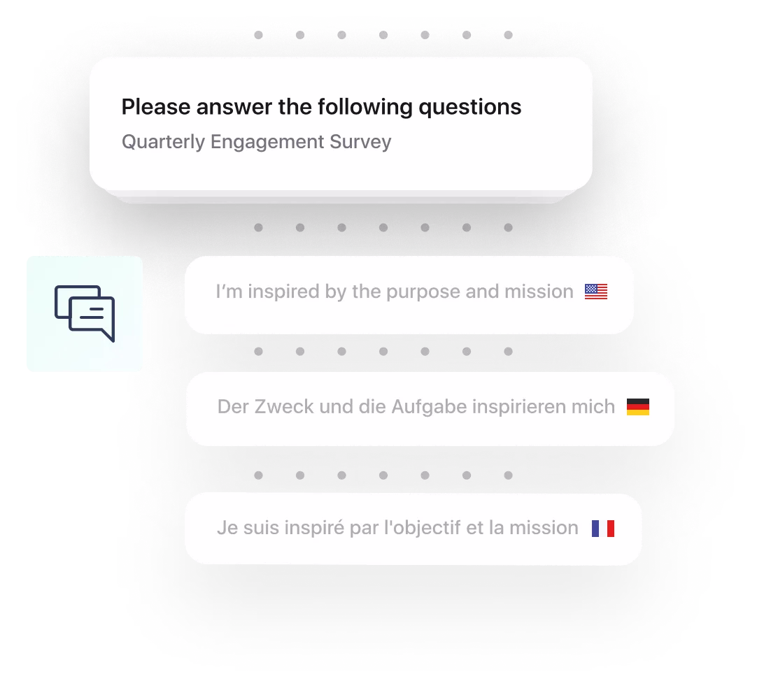 Chatbot example multilingual options, transparent background with grey dots, by Leapsome
