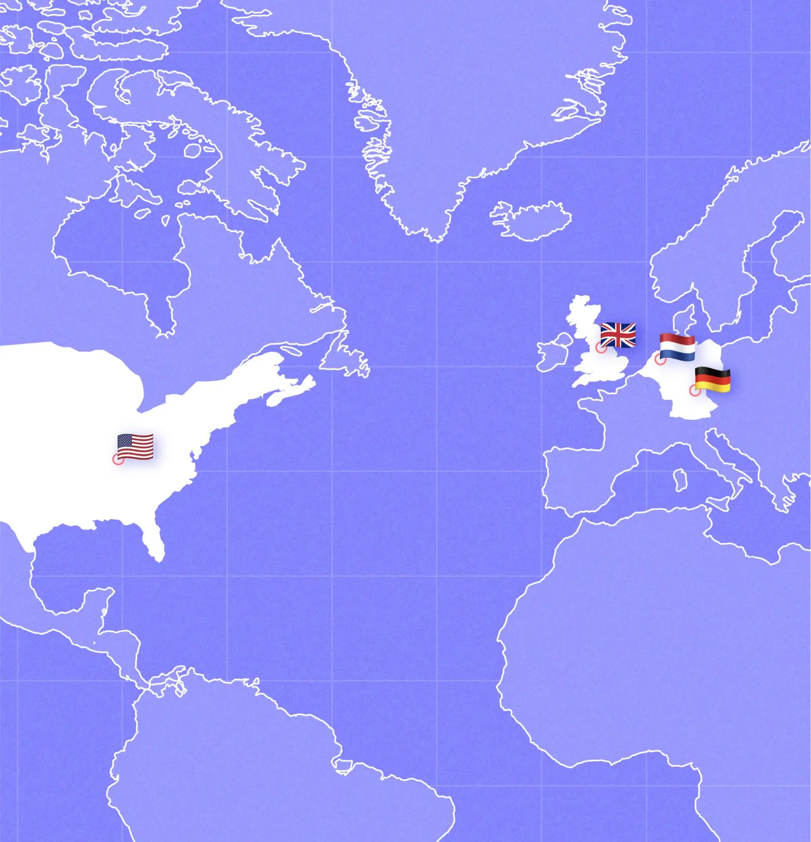 Visual: map of the world with flags, highlighting the USA, United Kingdom, Netherlands, and Germany.