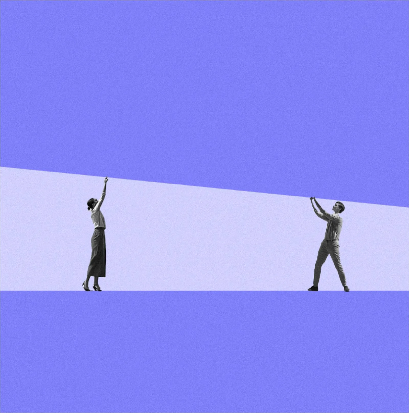 Illustration of a woman on the left and a man on the right holding up a wide diagonal beam symbolising the pressure against a purple background.