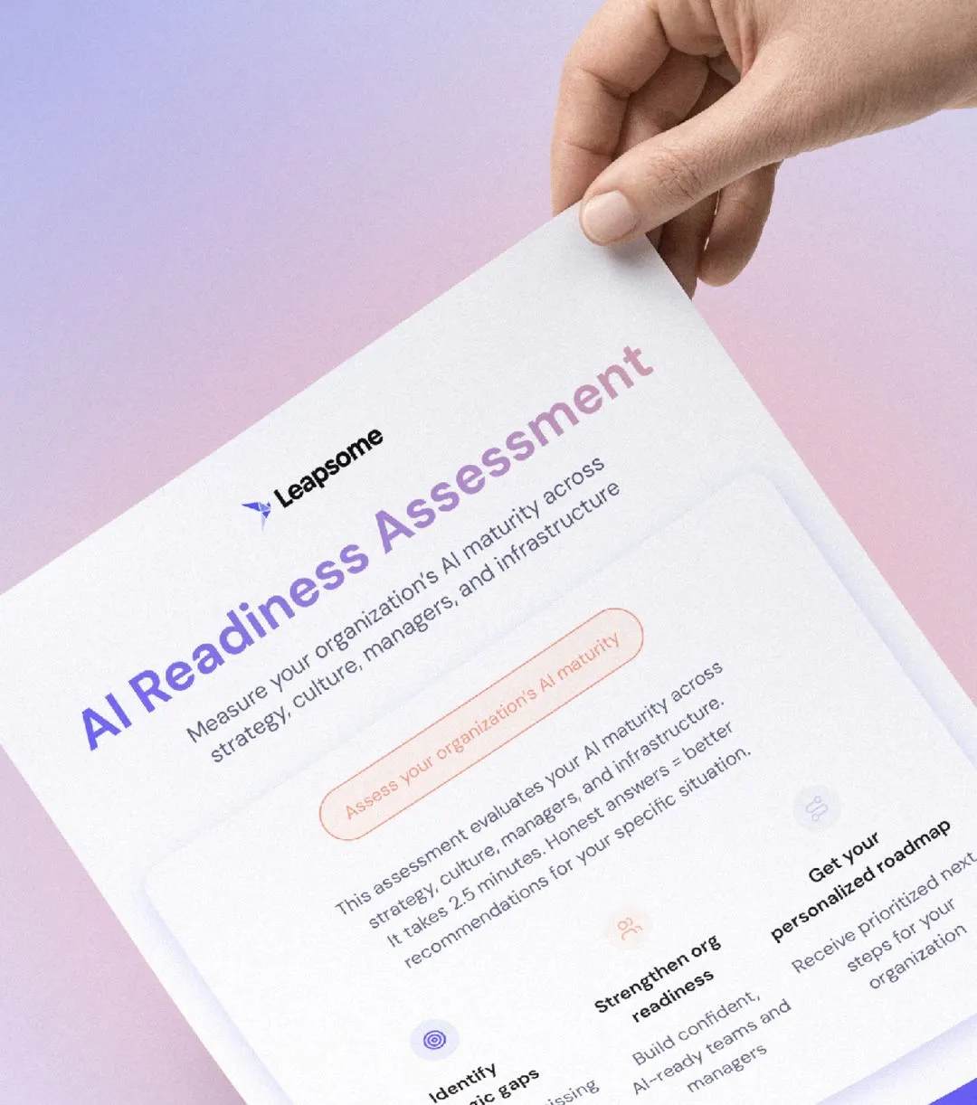Mockup of Document: “Leapsome — AI Readiness Assessment. Measure your organization’s AI maturity across strategy, culture, managers, and infrastructure.”