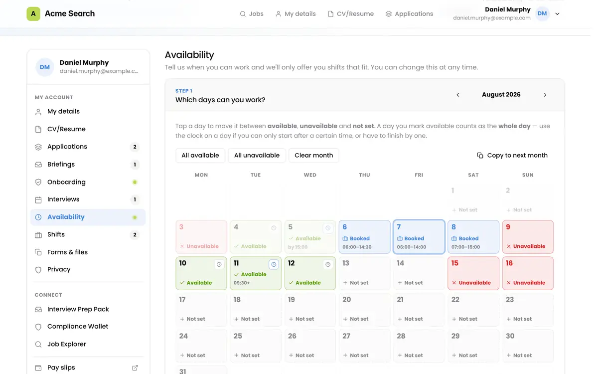 Availability calendar on desktop
