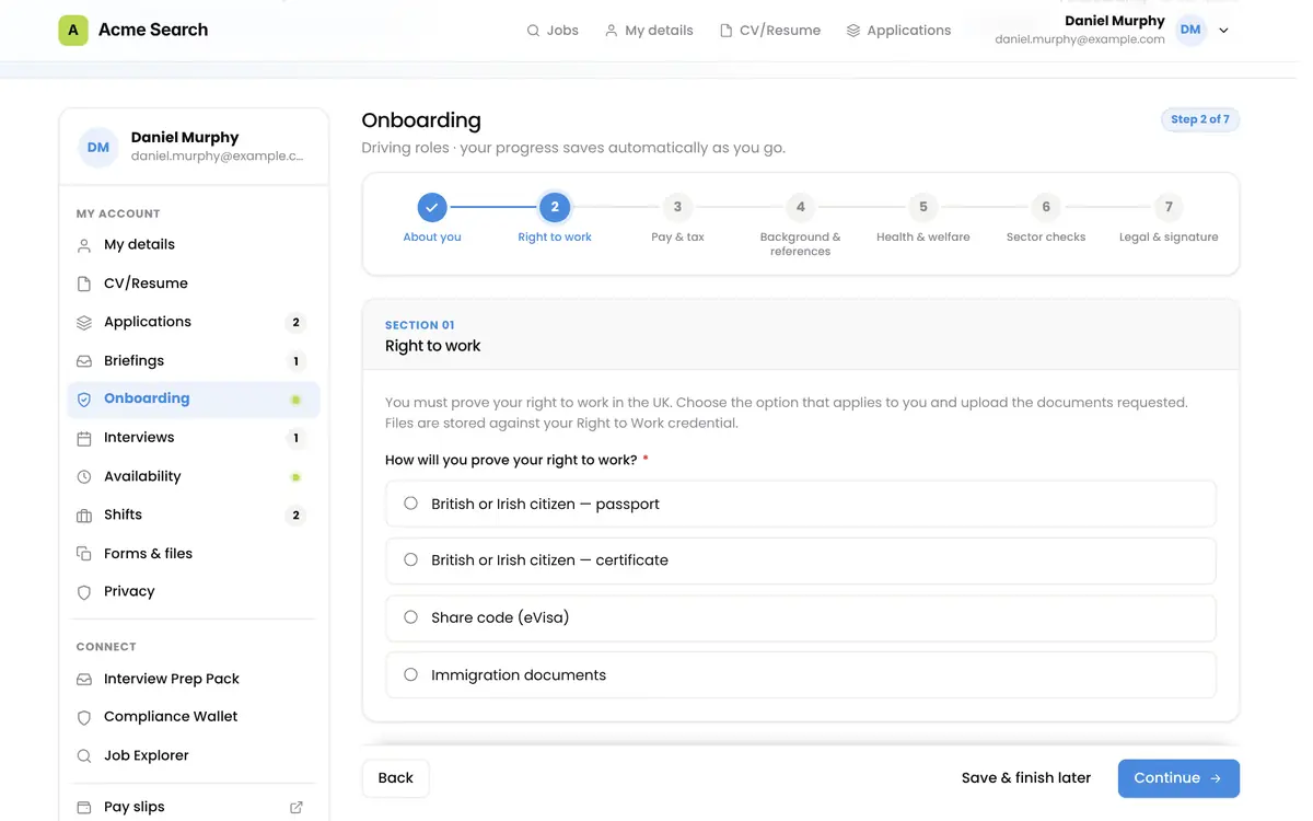 Onboarding form on desktop, step 2 of 7, right to work