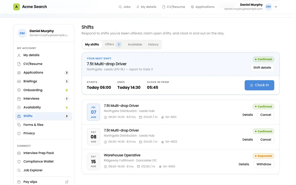 Shifts on desktop, showing the next shift and booked shifts