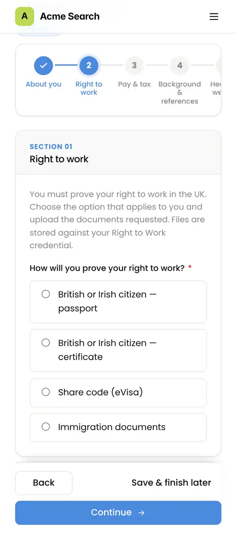 Onboarding form on a phone, right to work step