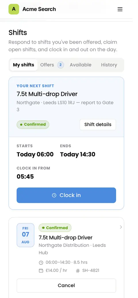 Shifts on a phone, showing the next shift