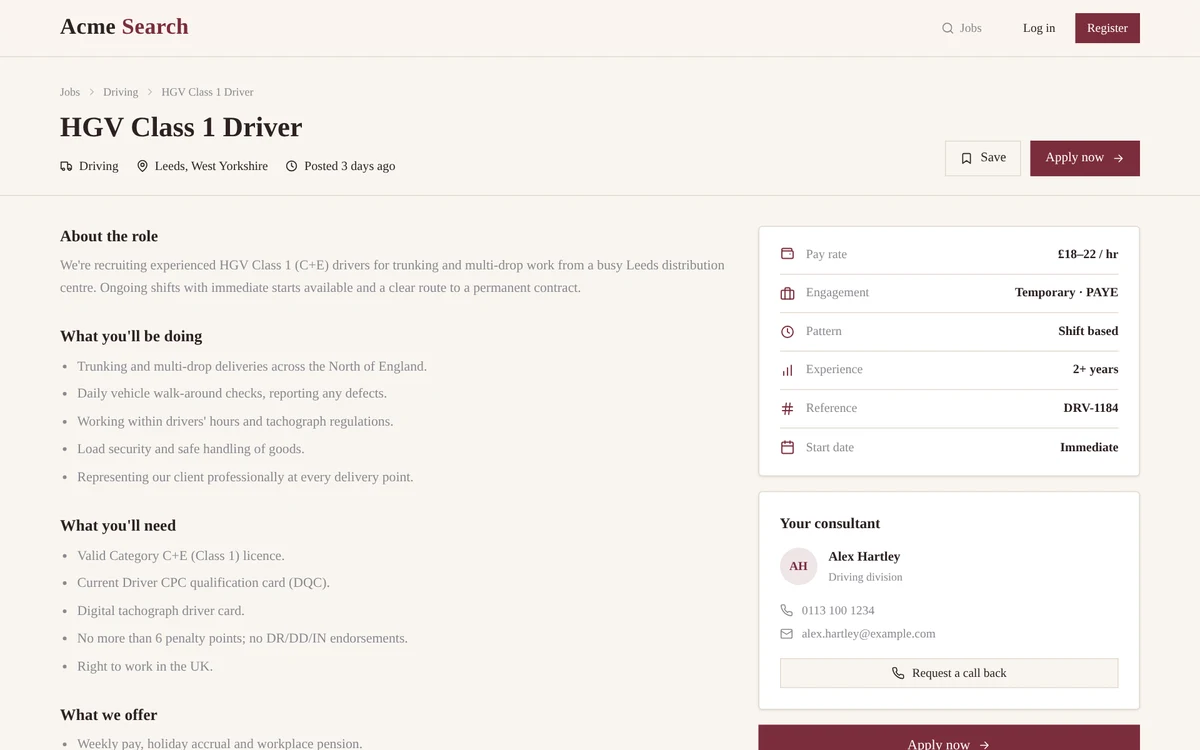 The HGV Class 1 Driver job page in the Exenai candidate portal, styled to match the Acme Search website