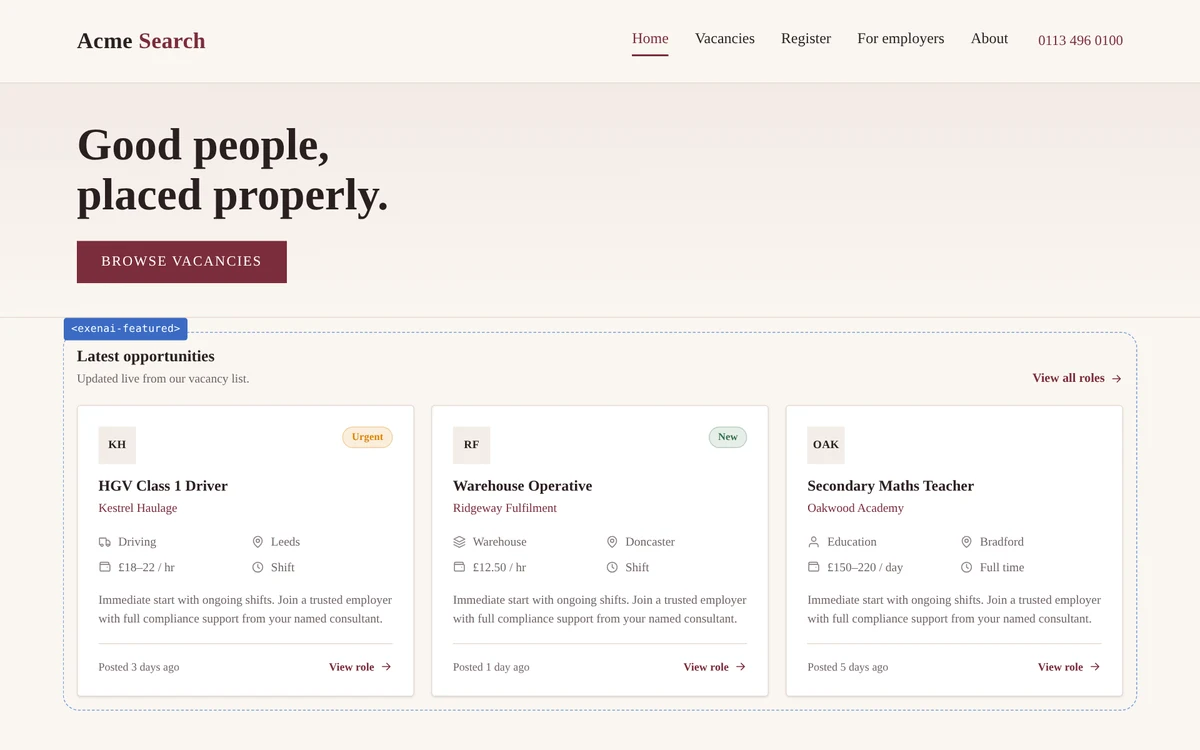 Acme Search home page with Exenai featured jobs embedded, outlined to show the embed