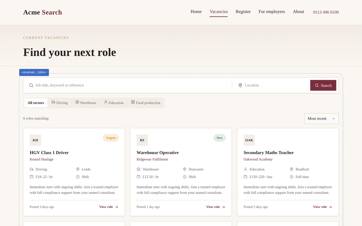 Acme Search vacancies page with the Exenai job search and job cards embedded, outlined to show the embed