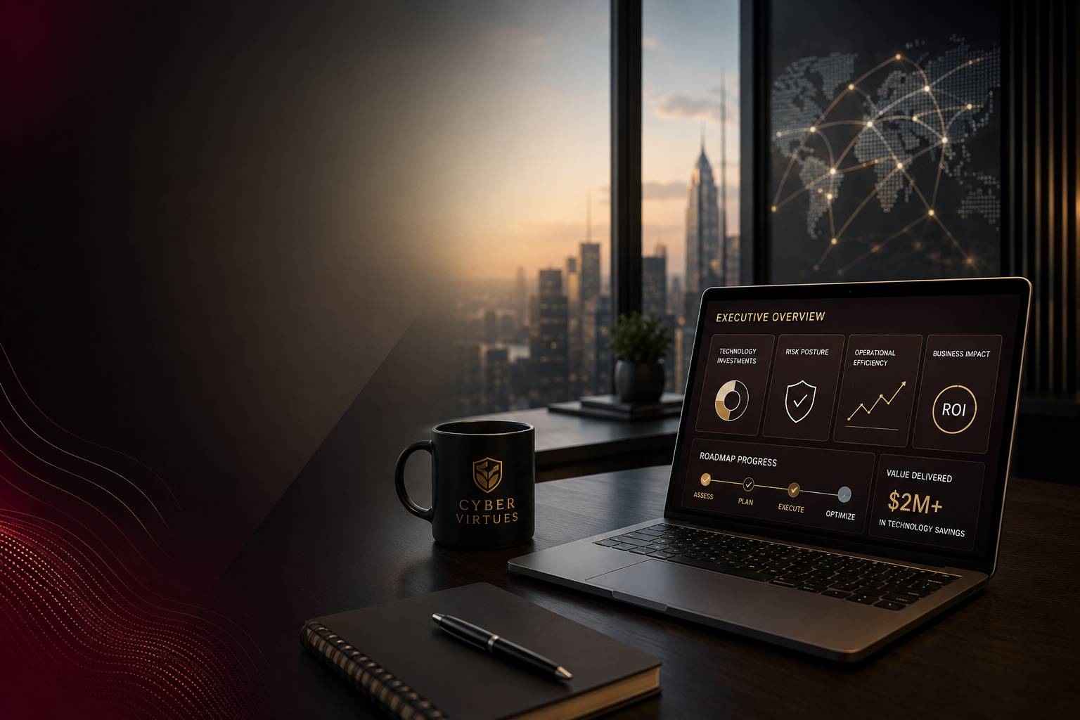Executive technology strategy workspace with laptop, global network visualization, and business intelligence dashboard