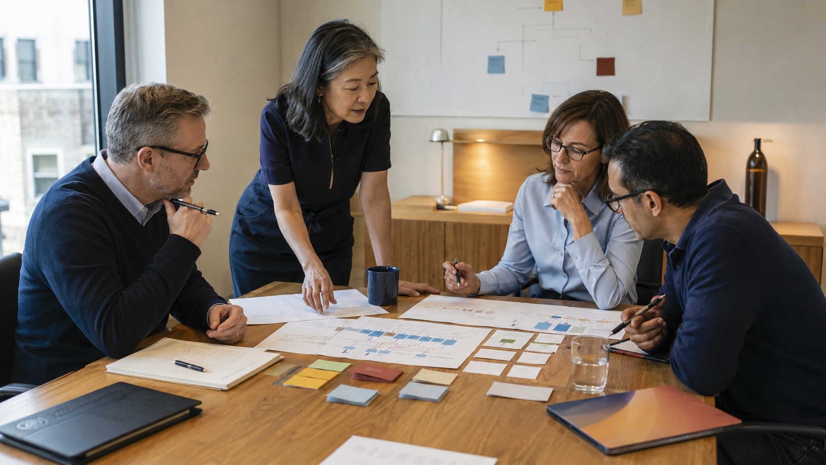 Business and technology leaders working together during an AI governance and risk workshop