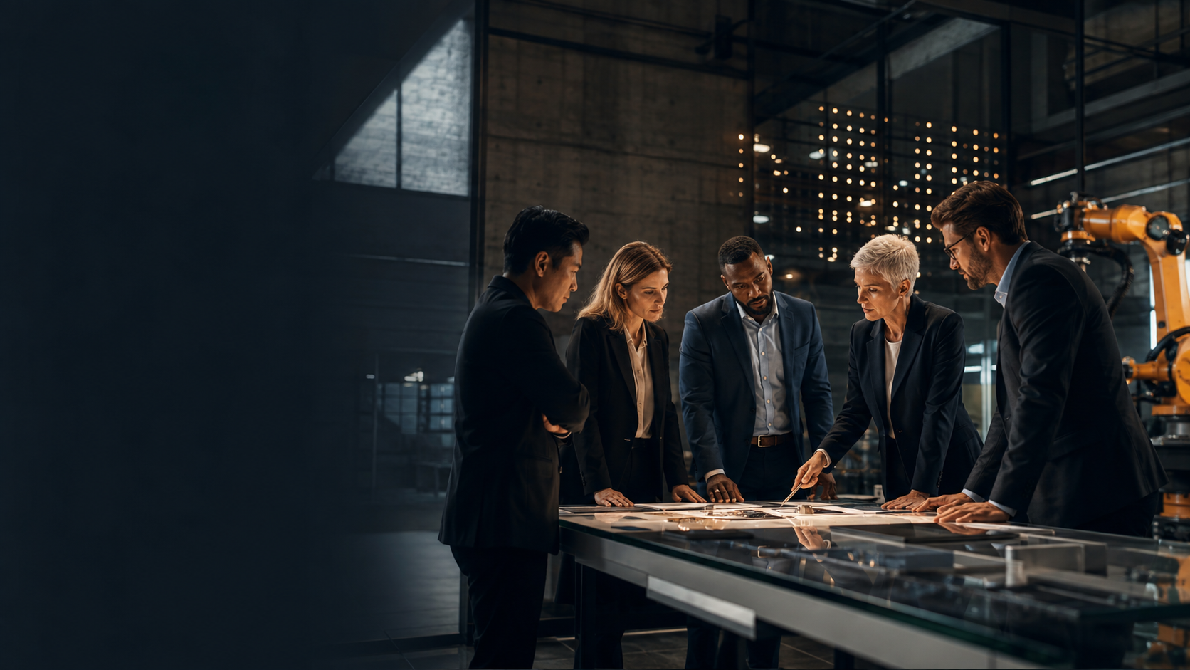 Executive, technology, security, and operations leaders directing intelligent systems in a real operating environment