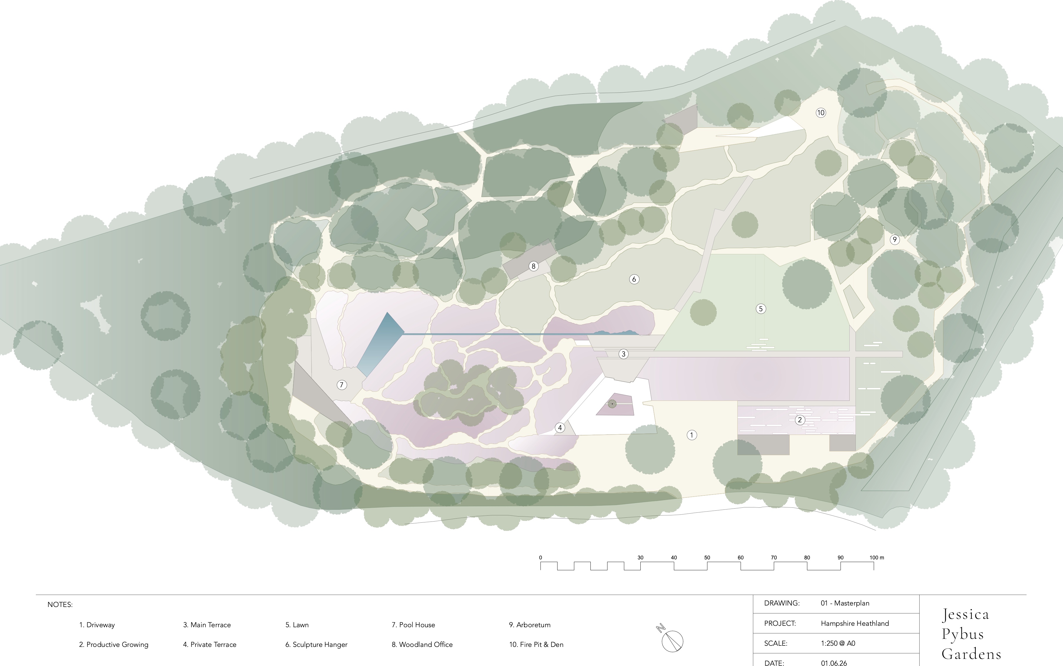 A garden masterplan drawing, showing the layout of planting beds, paths and terraces