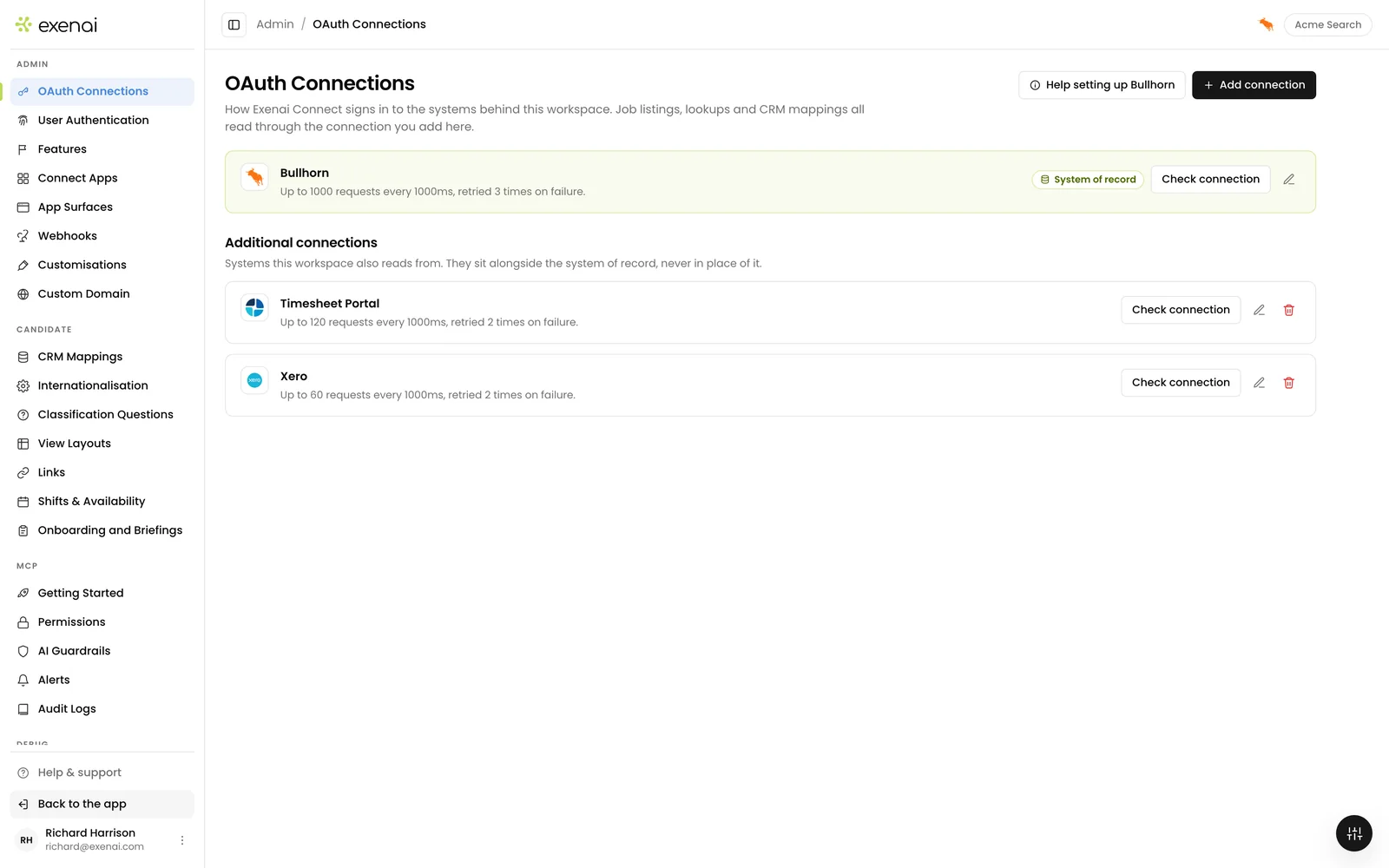 Exenai Connect - Admin - OAuth Connections