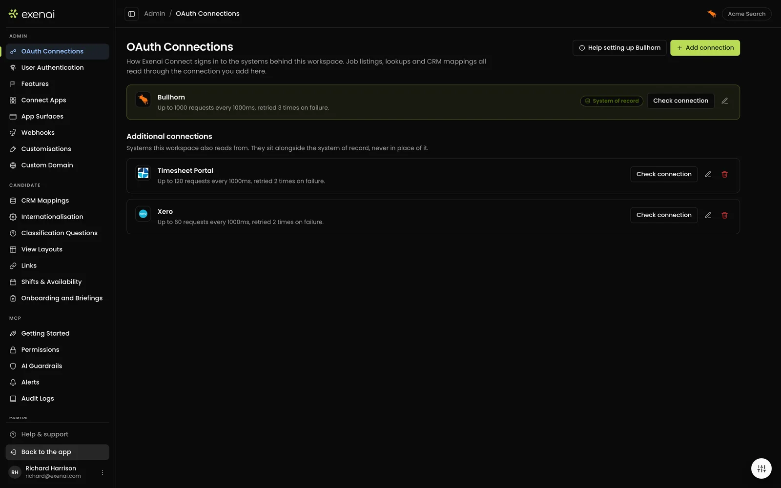Exenai Connect - Admin - OAuth Connections