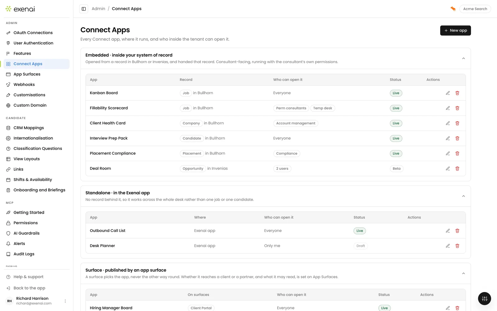Exenai Connect - Admin - Connect Apps