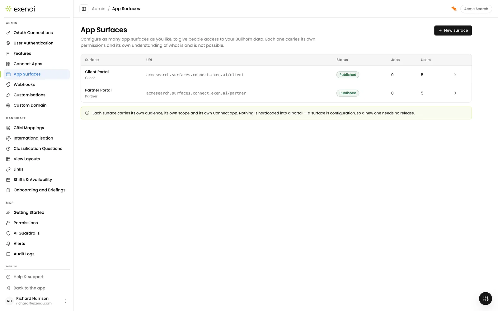 Exenai Connect - Admin - Connect Surfaces