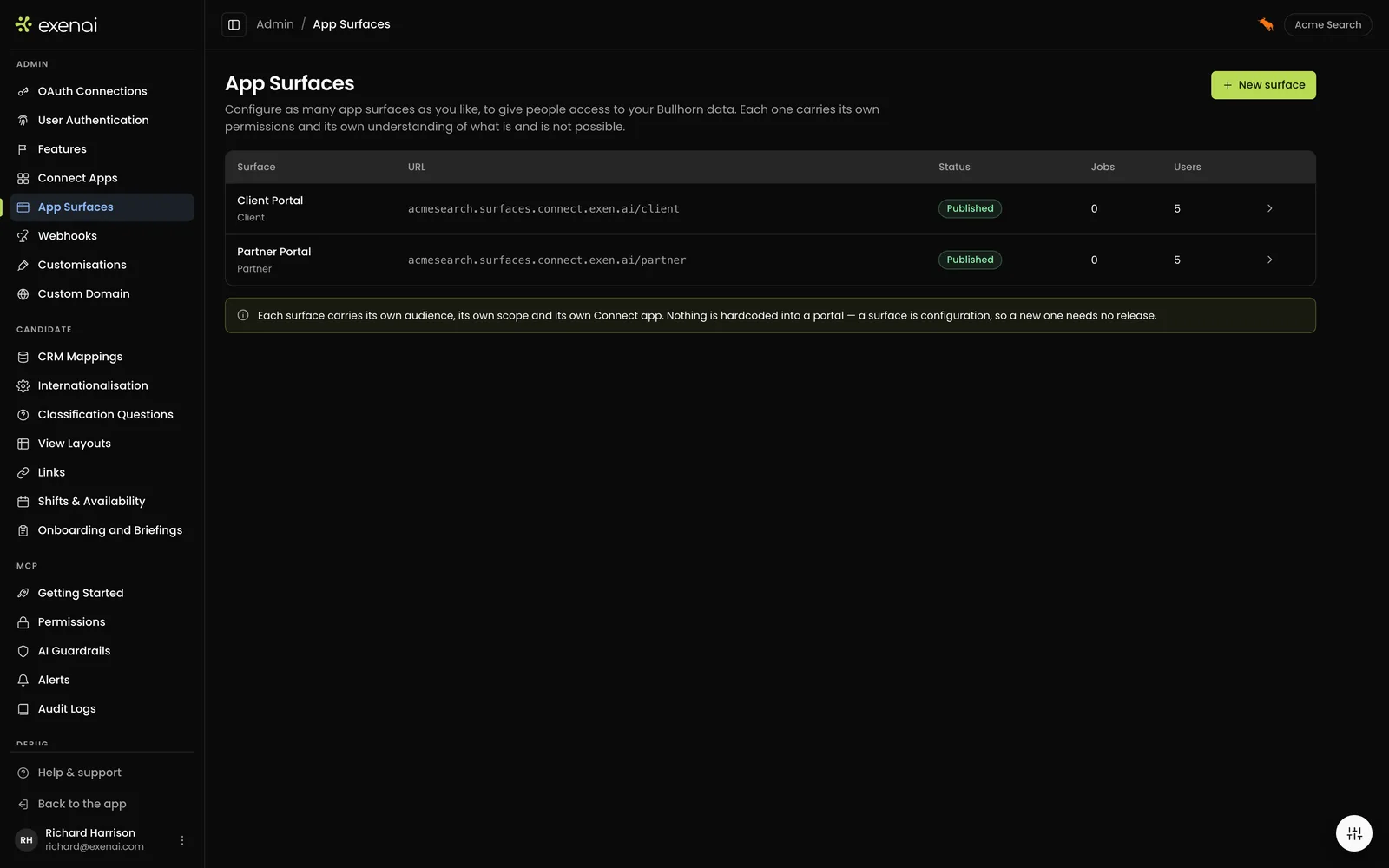 Exenai Connect - Admin - Connect Surfaces