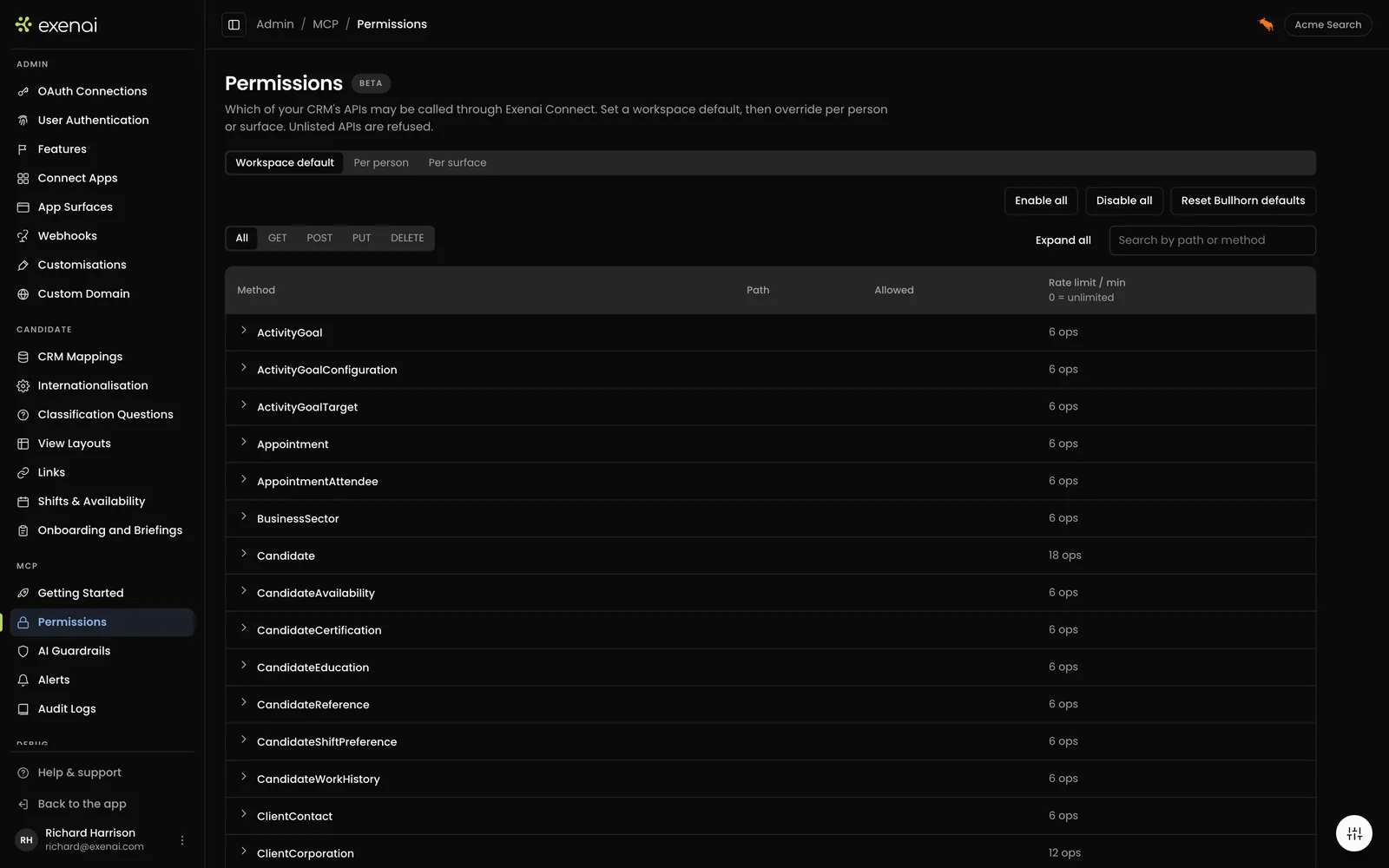 Exenai Connect - Admin - Permissions passthrough
