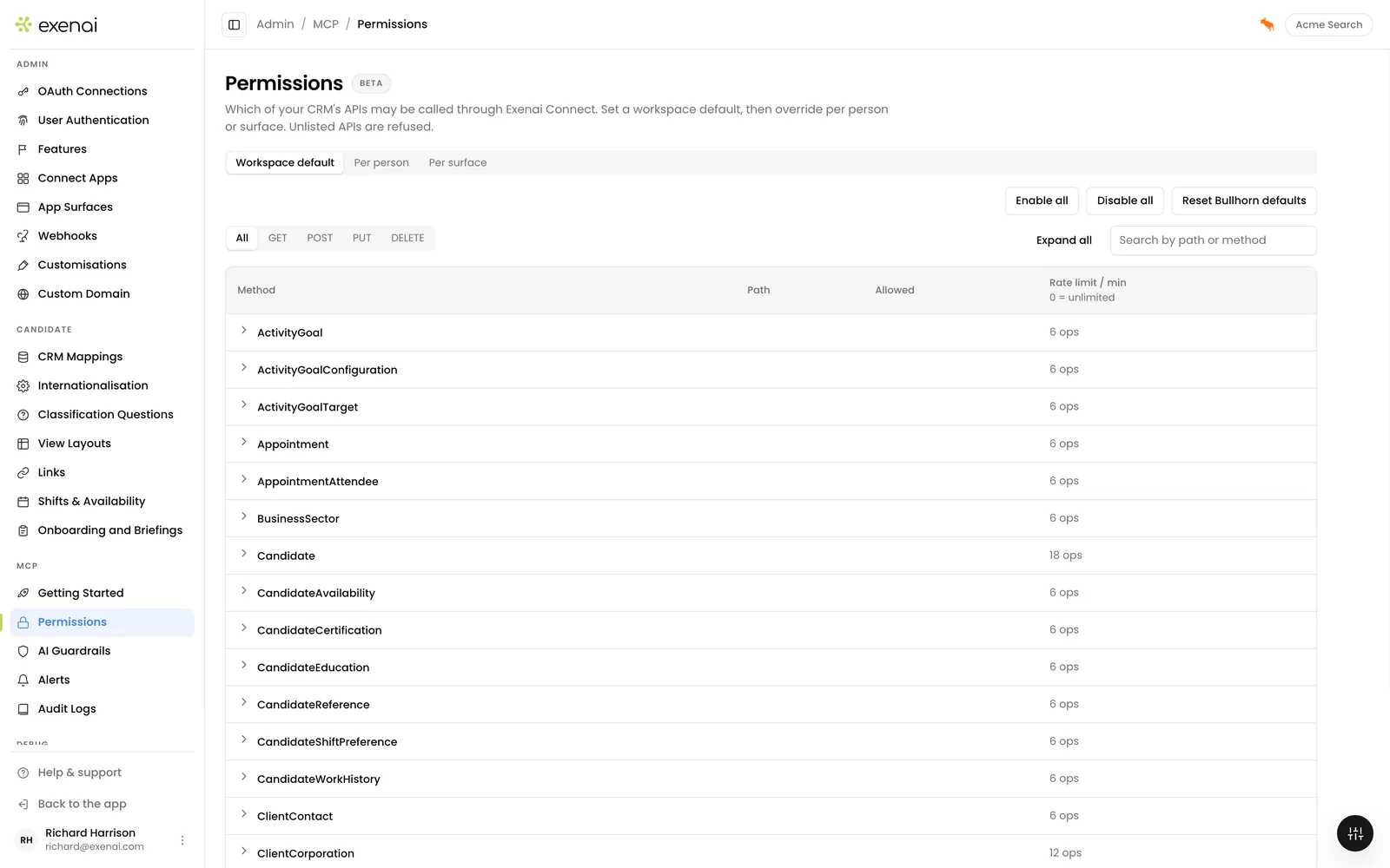 Exenai Connect - Admin - Permissions passthrough