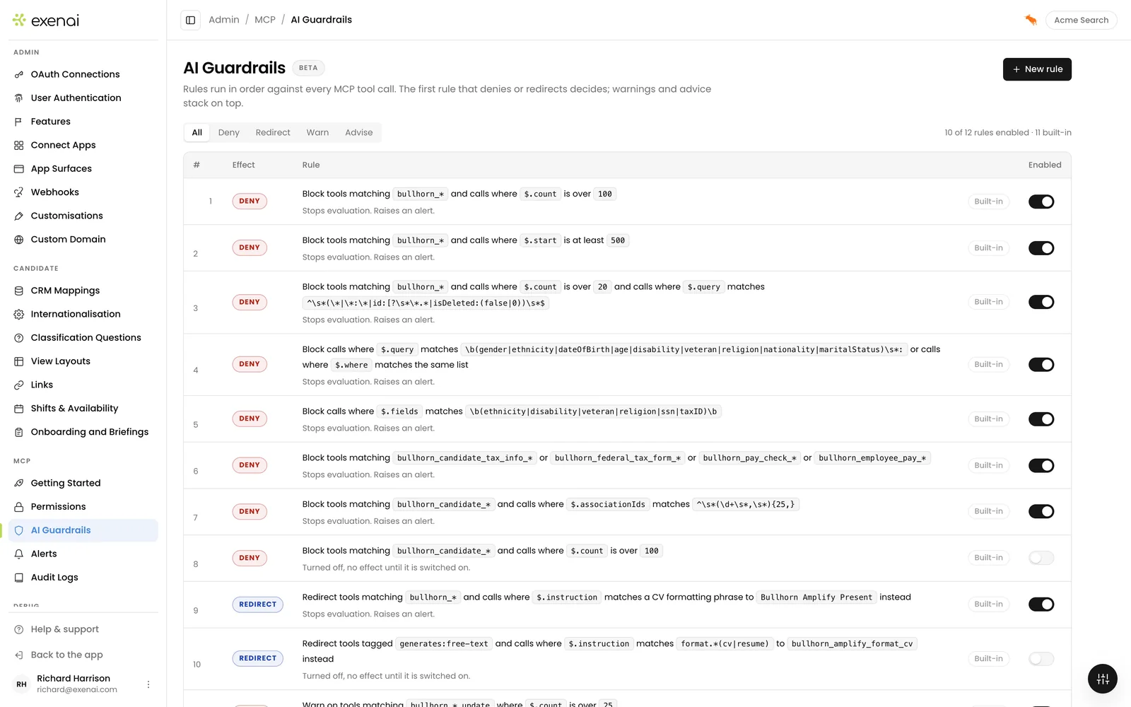 Exenai Connect - Admin - AI Guardrails