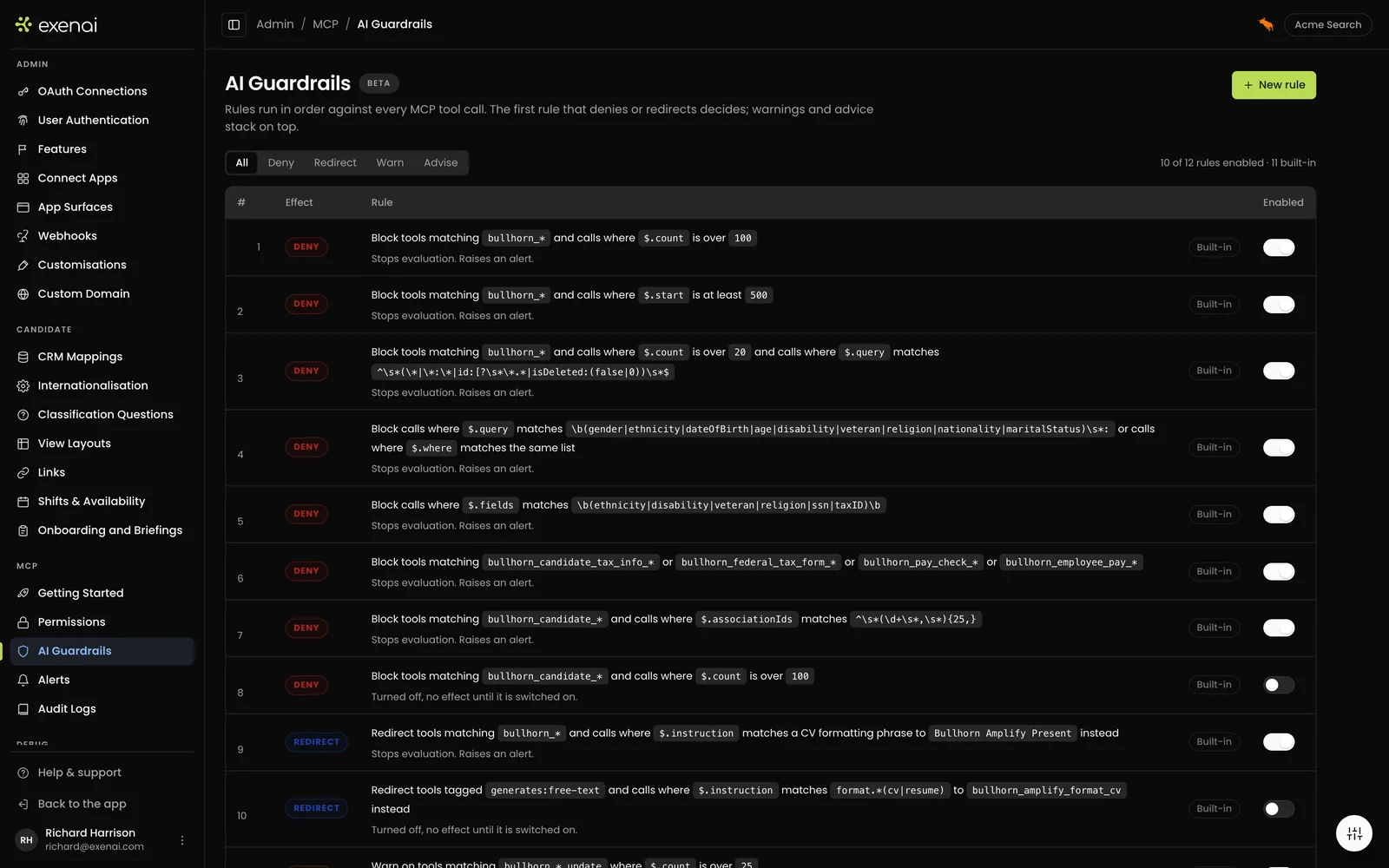Exenai Connect - Admin - AI Guardrails