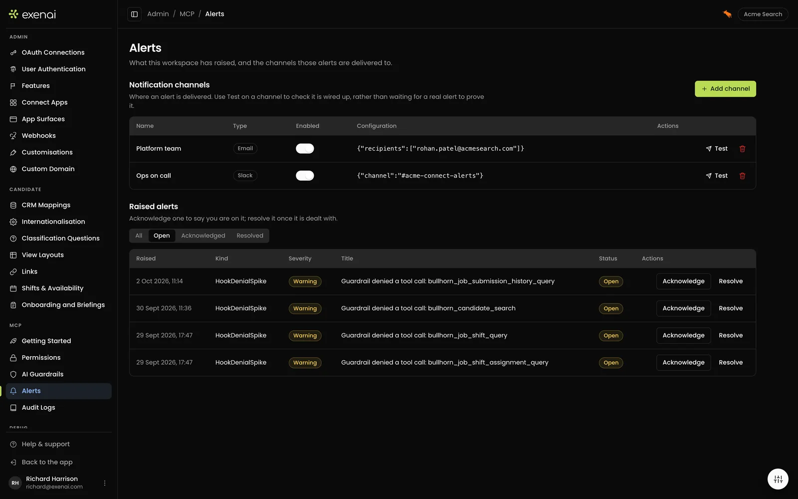 Exenai Connect - Admin - Alerts & Notifications