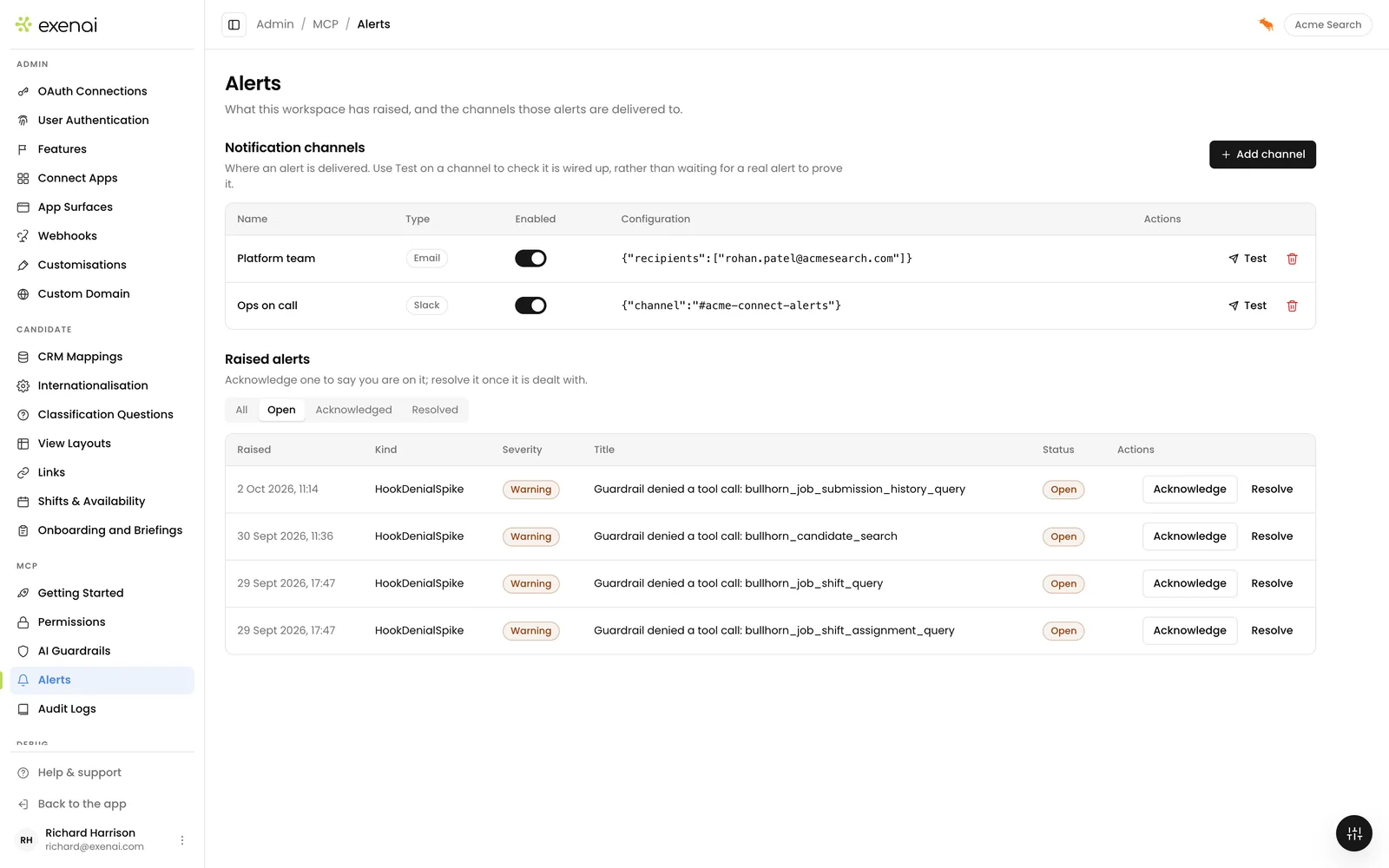 Exenai Connect - Admin - Alerts & Notifications
