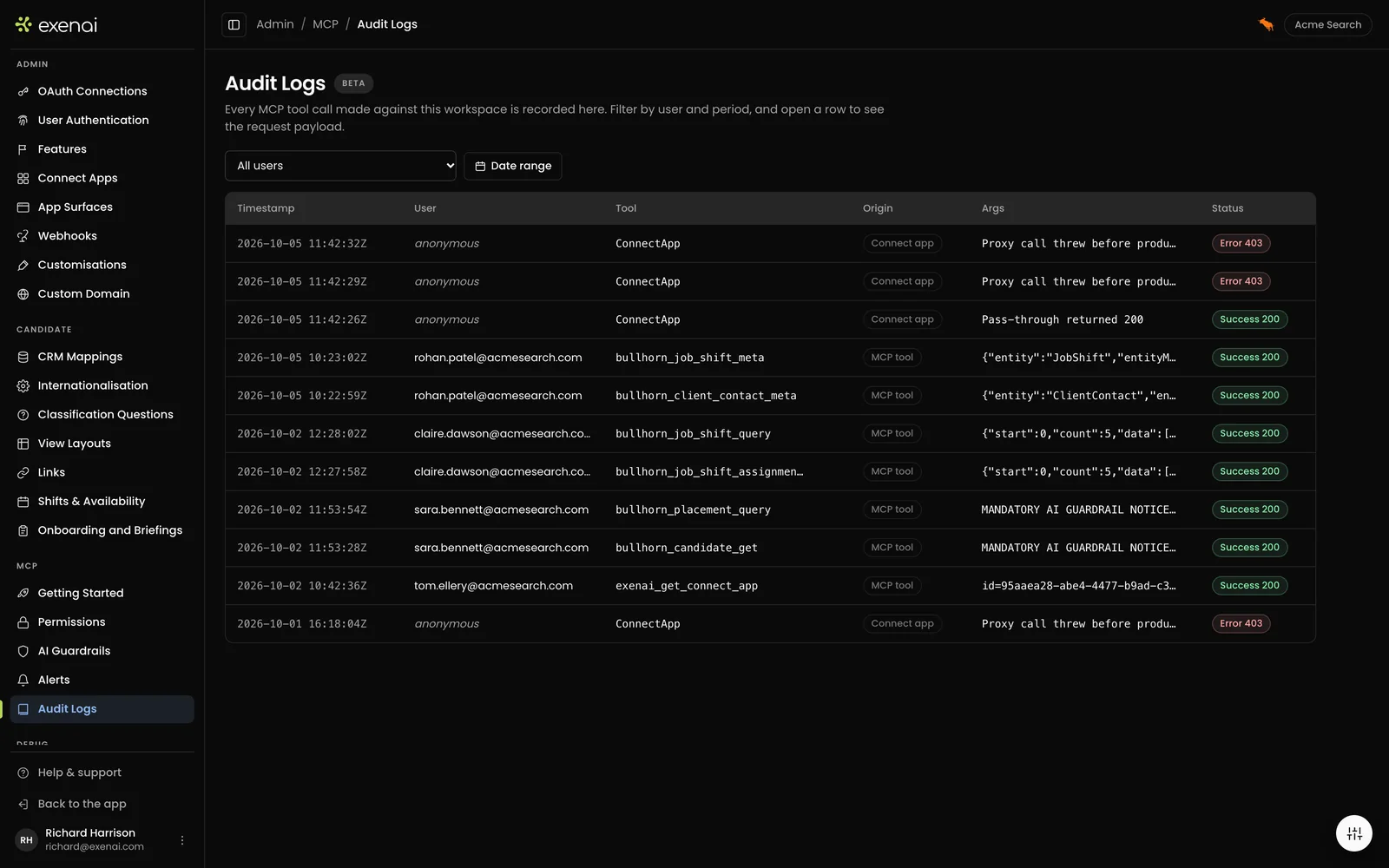Exenai Connect - Admin - Audit Logs