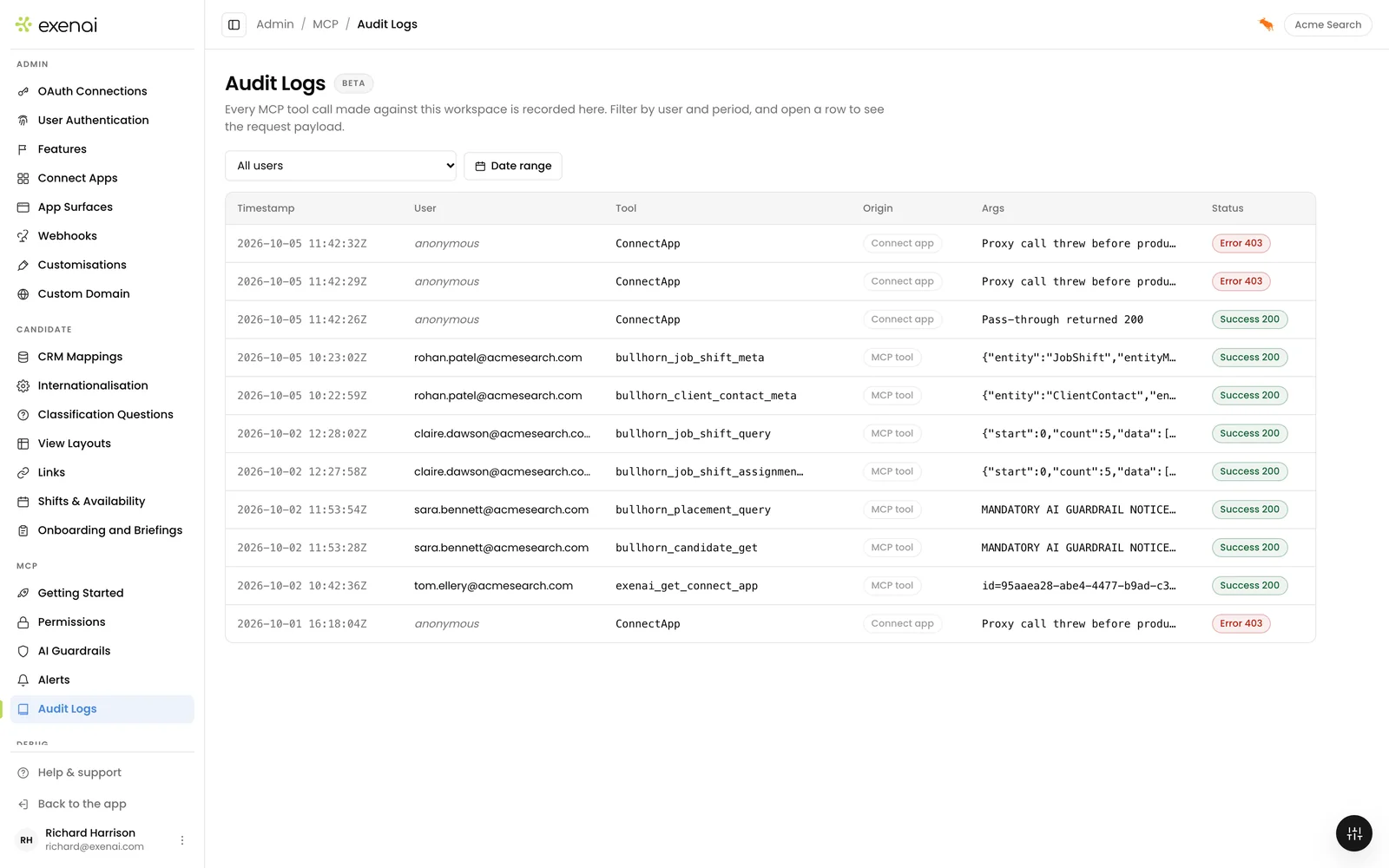 Exenai Connect - Admin - Audit Logs