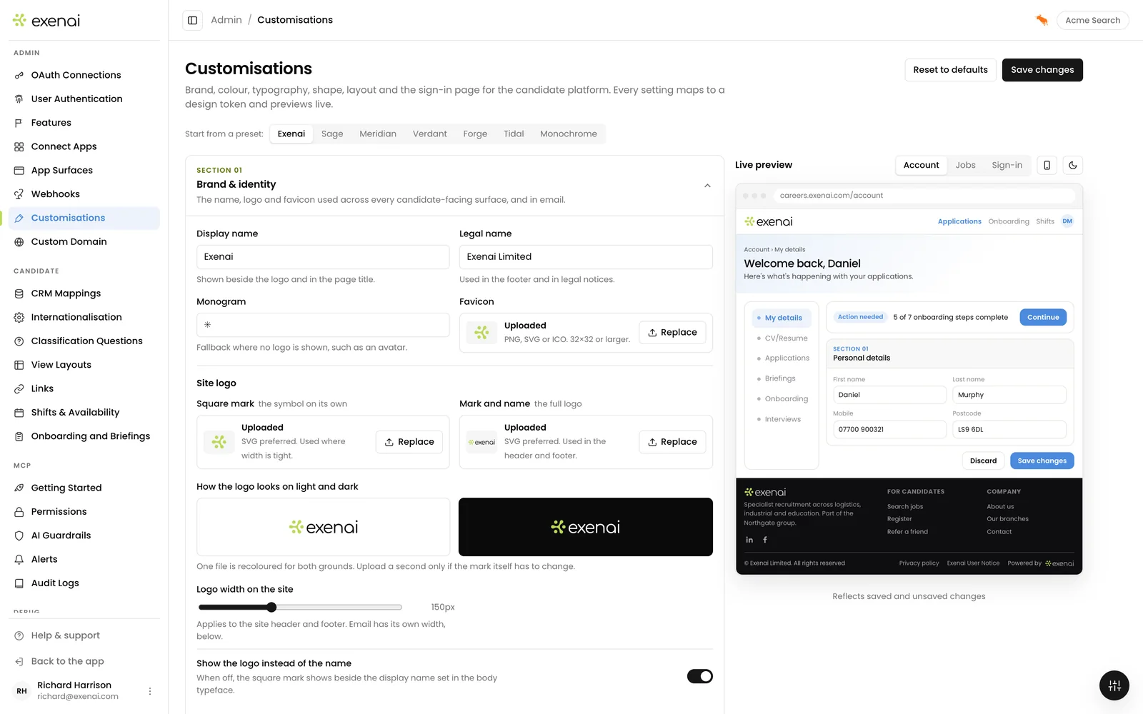 Exenai Connect - Admin - Customisations