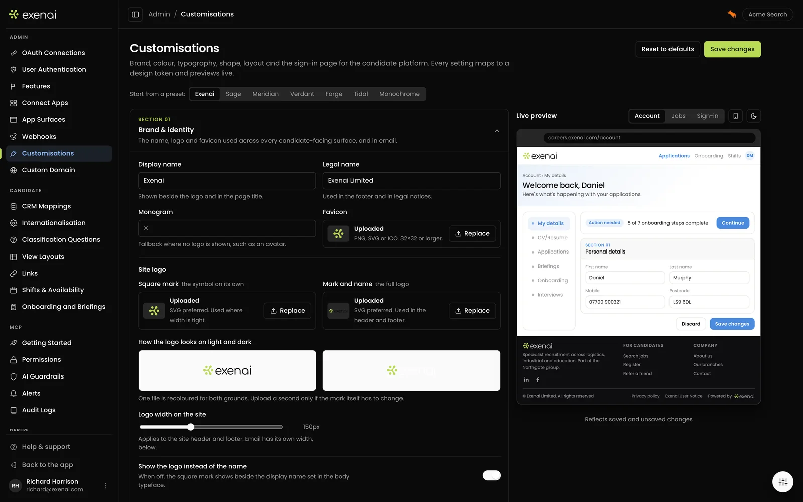 Exenai Connect - Admin - Customisations