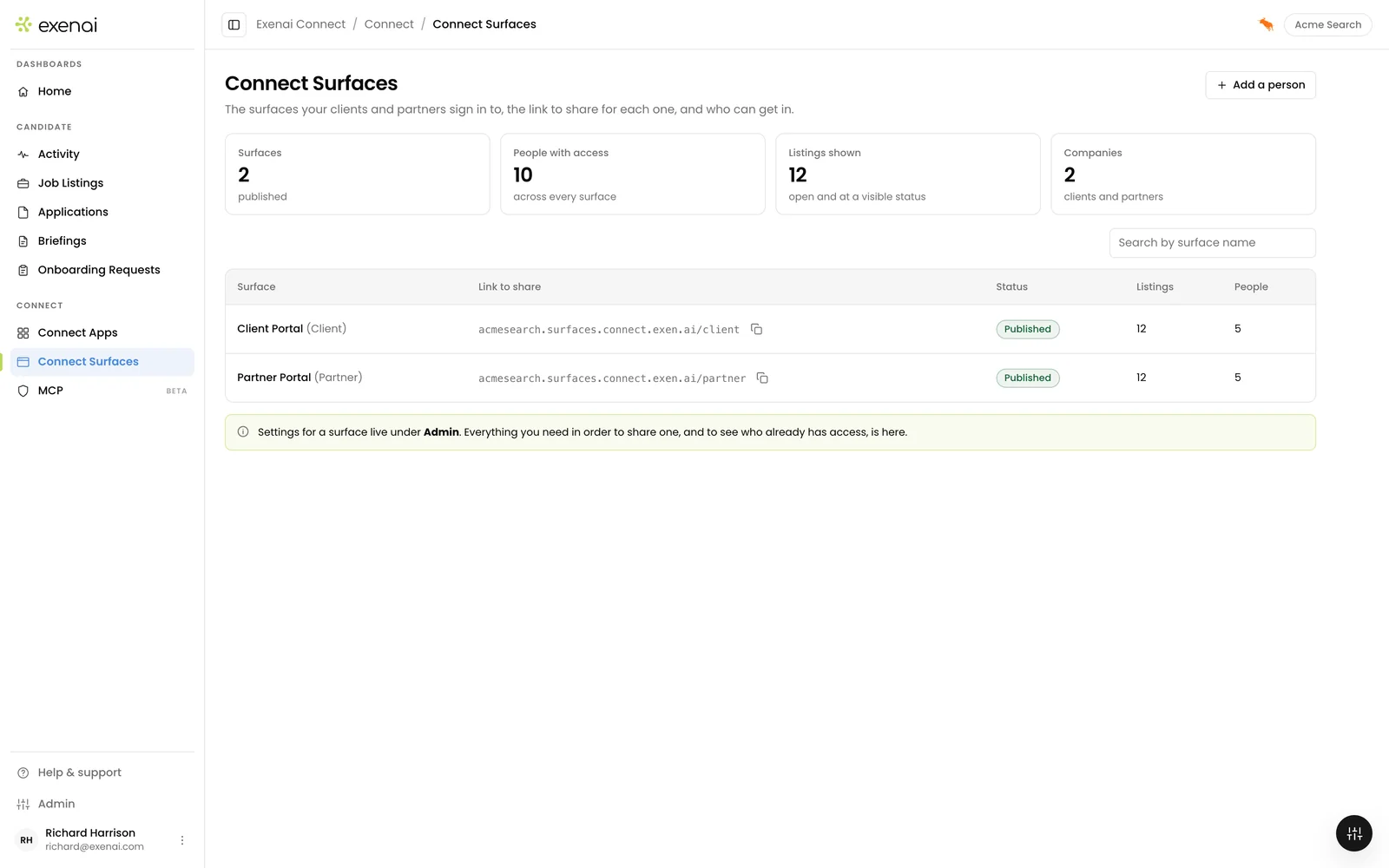 Exenai Connect - User - Connect Surfaces