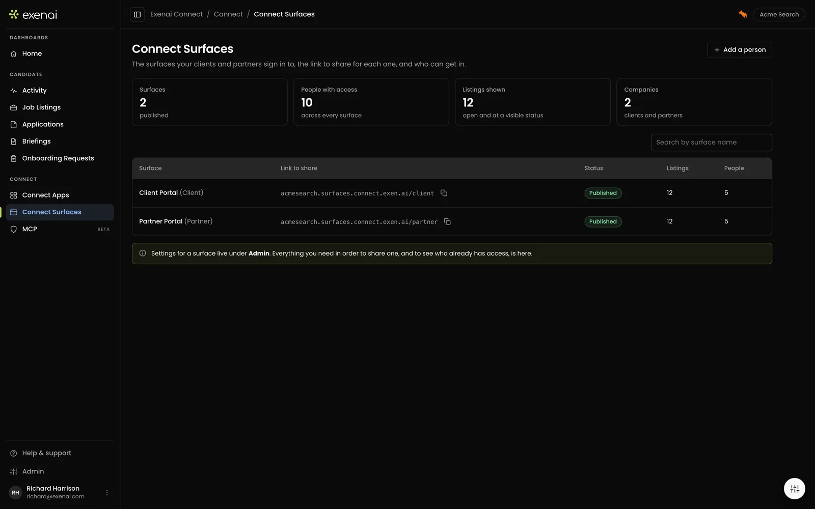 Exenai Connect - User - Connect Surfaces